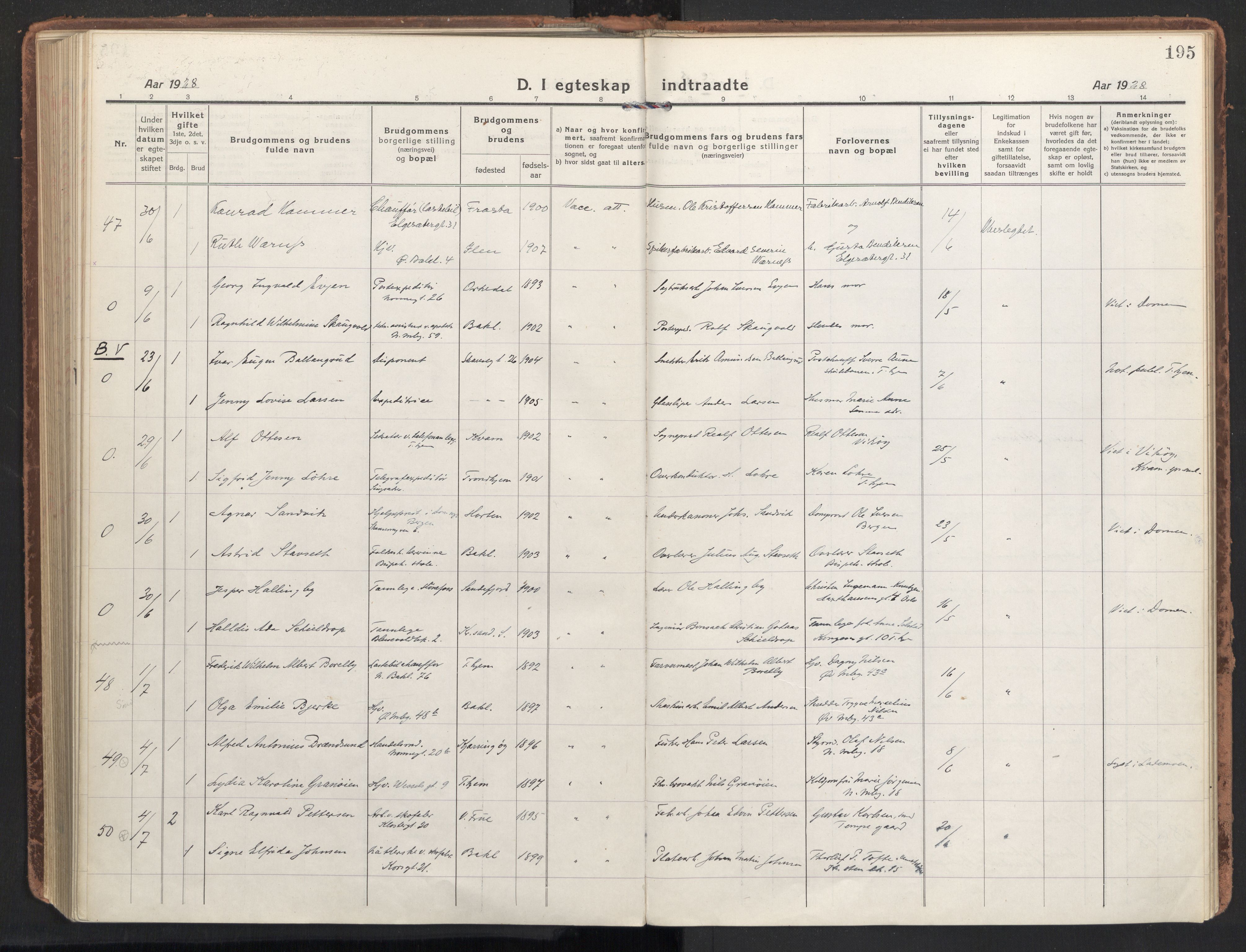 Ministerialprotokoller, klokkerbøker og fødselsregistre - Sør-Trøndelag, AV/SAT-A-1456/604/L0206: Ministerialbok nr. 604A26, 1917-1931, s. 195