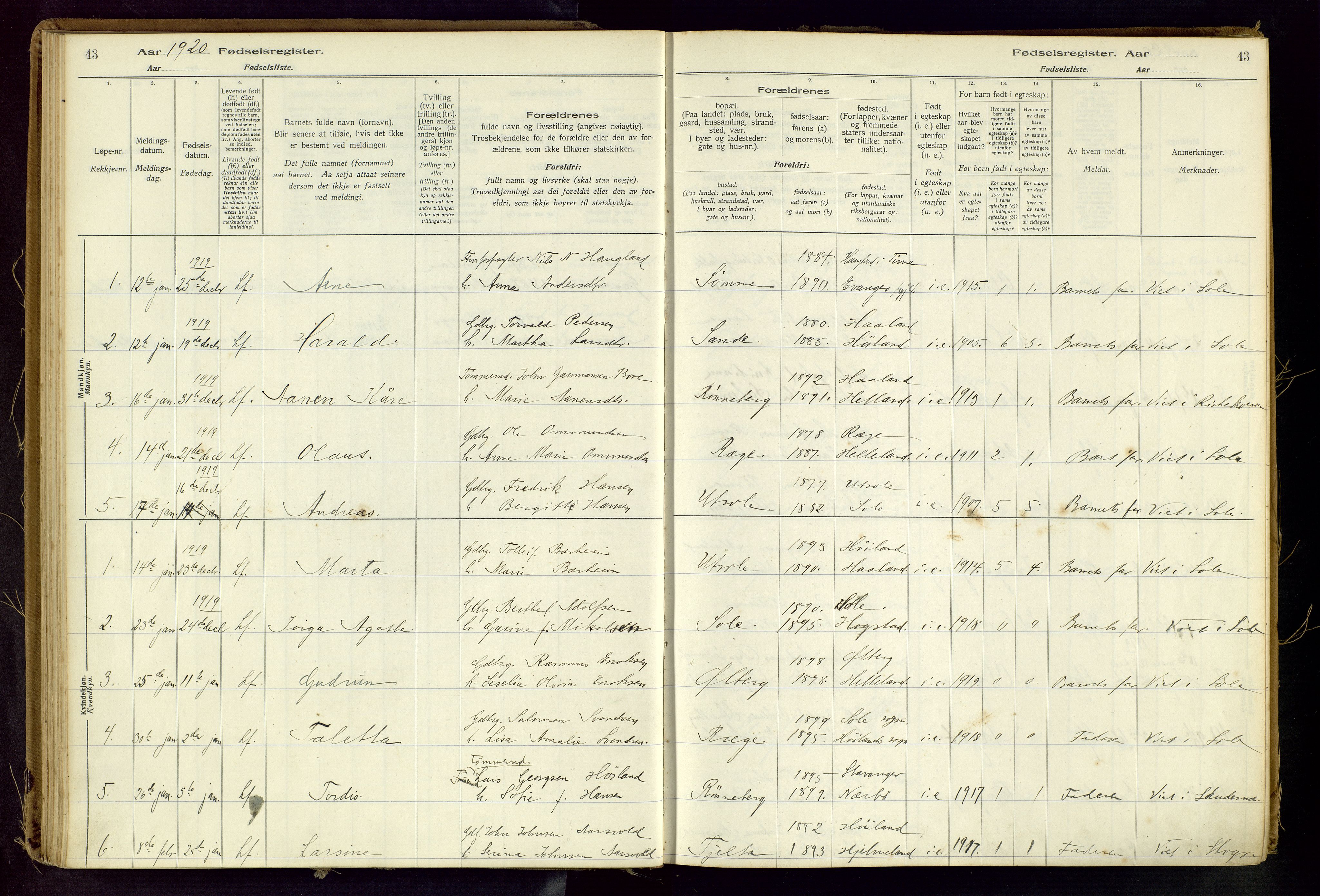 Håland sokneprestkontor, AV/SAST-A-101802/001/704BA/L0001: Fødselsregister nr. 1, 1916-1936, s. 43