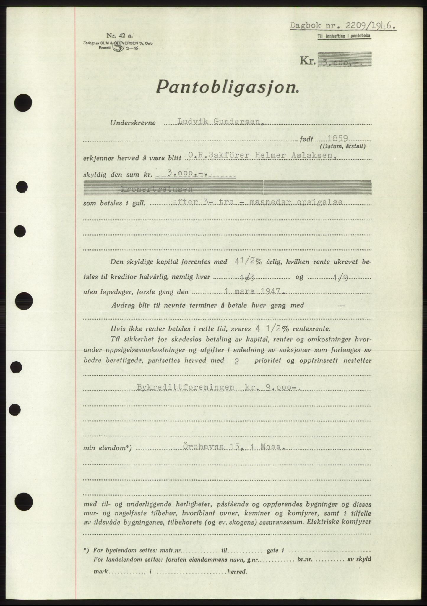Moss sorenskriveri, SAO/A-10168: Pantebok nr. B15, 1946-1946, Dagboknr: 2209/1946