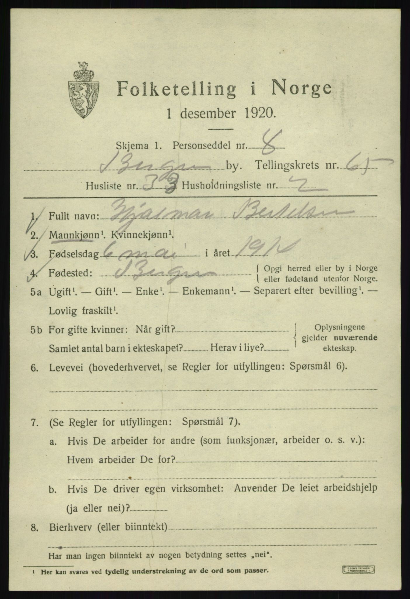 SAB, Folketelling 1920 for 1301 Bergen kjøpstad, 1920, s. 134103