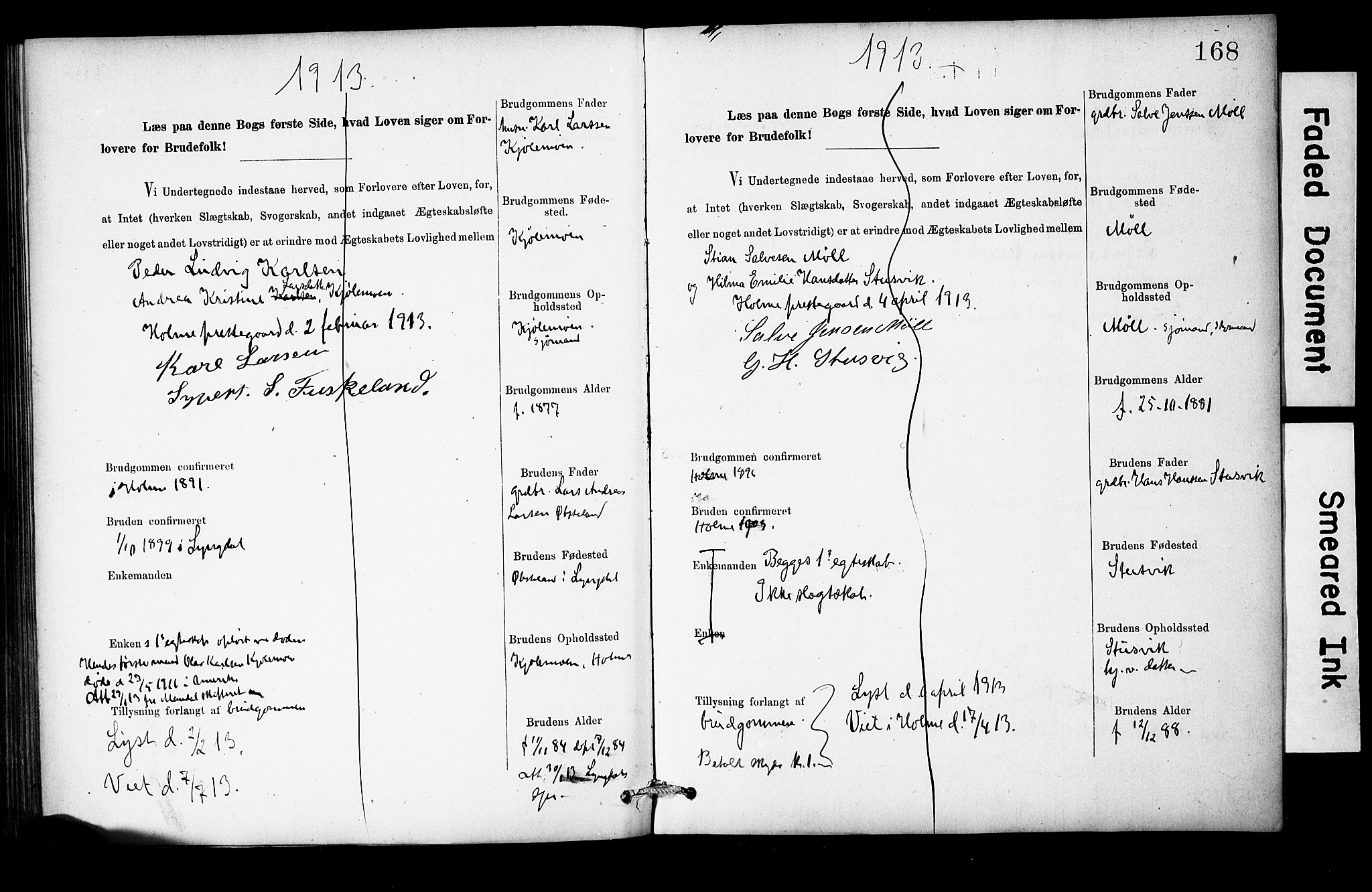 Holum sokneprestkontor, AV/SAK-1111-0022/F/Fe/L0004: Lysningsprotokoll nr. II 5 4, 1890-1914, s. 168