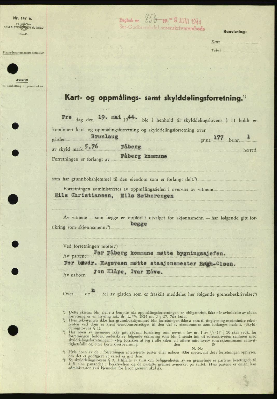 Sør-Gudbrandsdal tingrett, SAH/TING-004/H/Hb/Hbd/L0013: Pantebok nr. A13, 1944-1944, Dagboknr: 856/1944