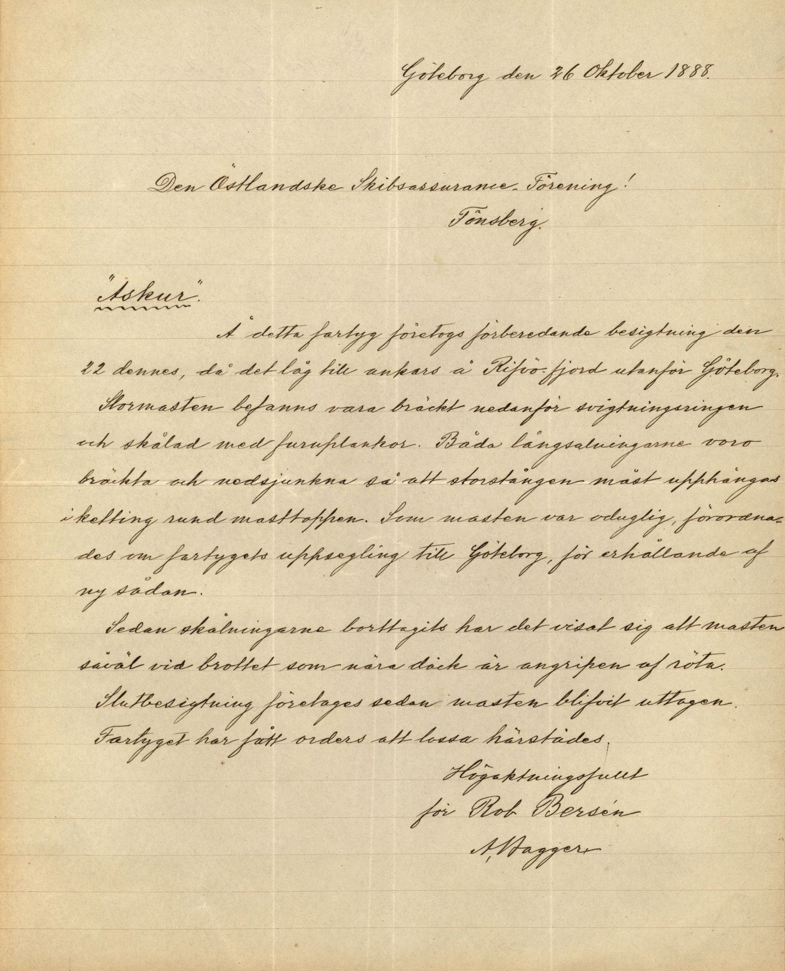 Pa 63 - Østlandske skibsassuranceforening, VEMU/A-1079/G/Ga/L0021/0009: Havaridokumenter / Anne, Elizabeth, Asker, Avenir, Bernadotte, 1888, s. 13