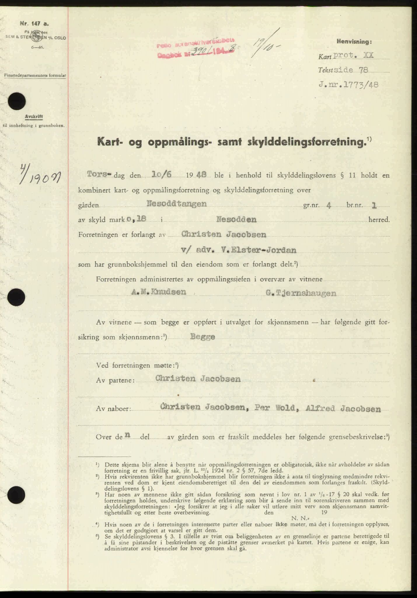 Follo sorenskriveri, SAO/A-10274/G/Ga/Gaa/L0085: Pantebok nr. I 85, 1948-1948, Dagboknr: 3901/1948
