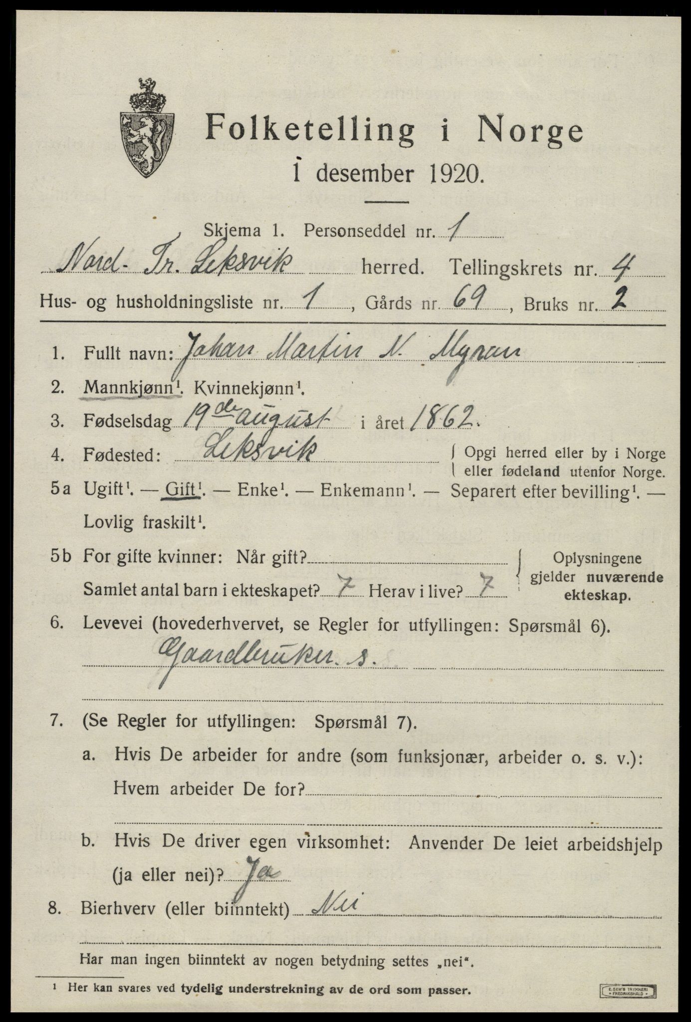 SAT, Folketelling 1920 for 1718 Leksvik herred, 1920, s. 3506
