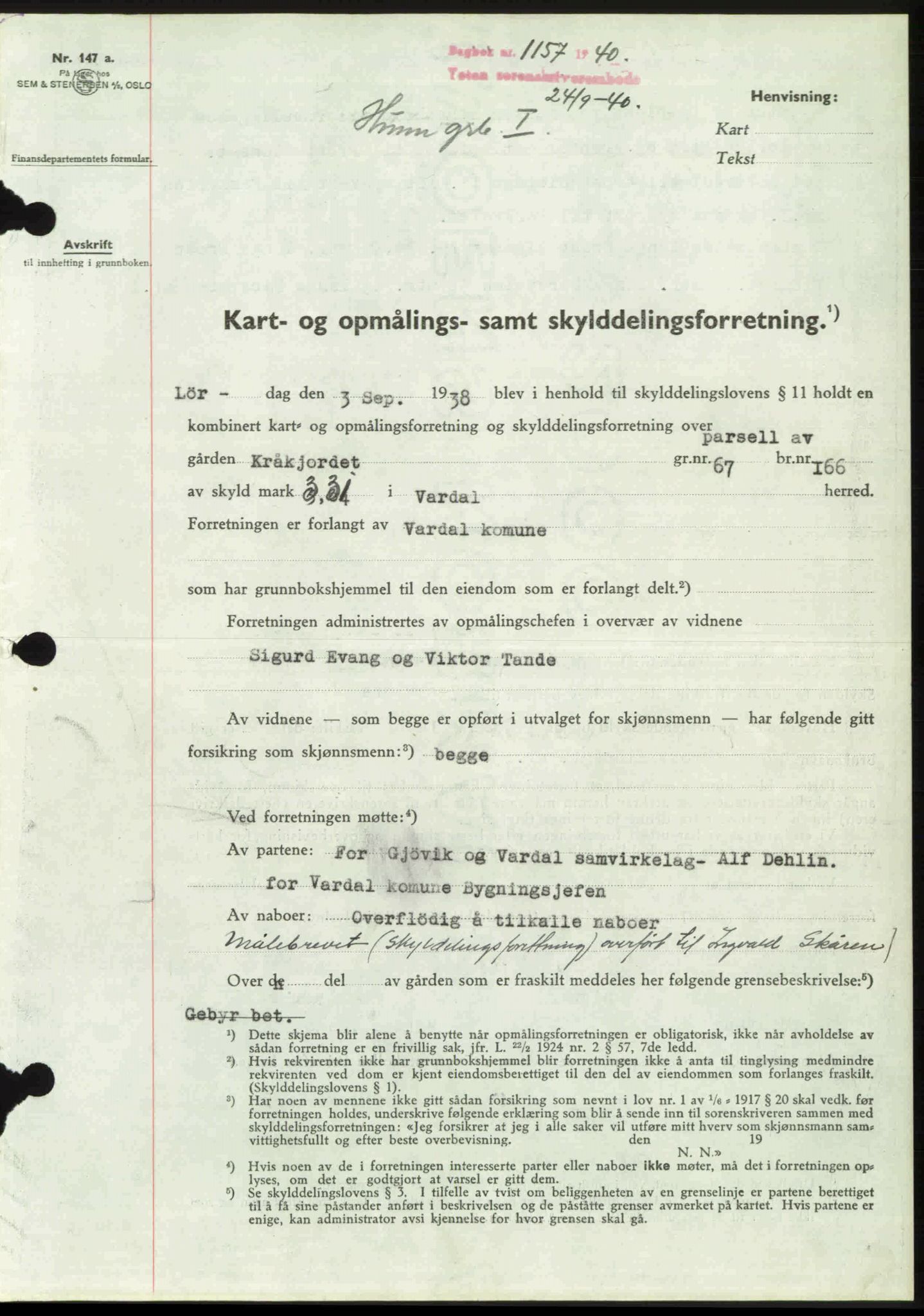 Toten tingrett, SAH/TING-006/H/Hb/Hbc/L0007: Pantebok nr. Hbc-07, 1939-1940, Dagboknr: 1157/1940