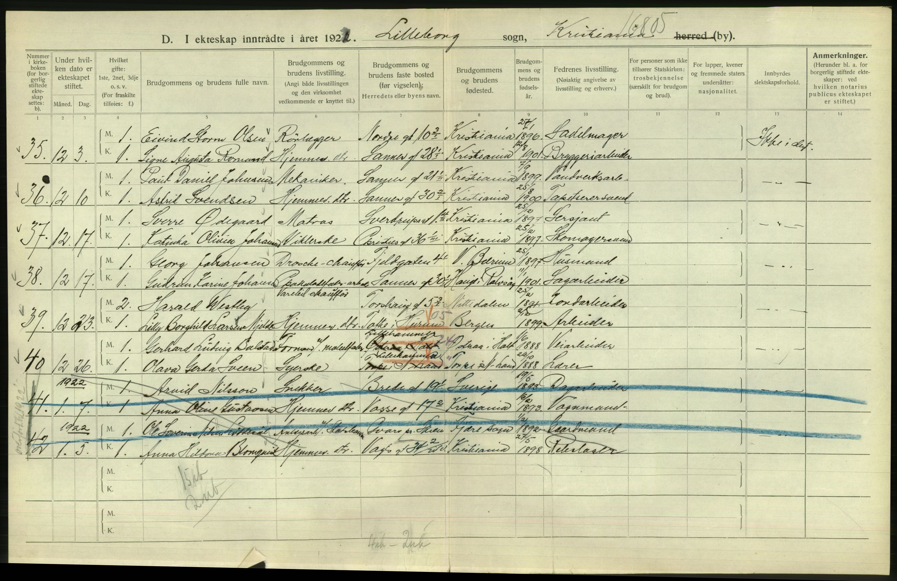 Statistisk sentralbyrå, Sosiodemografiske emner, Befolkning, AV/RA-S-2228/D/Df/Dfc/Dfca/L0011: Kristiania: Gifte, 1921, s. 434