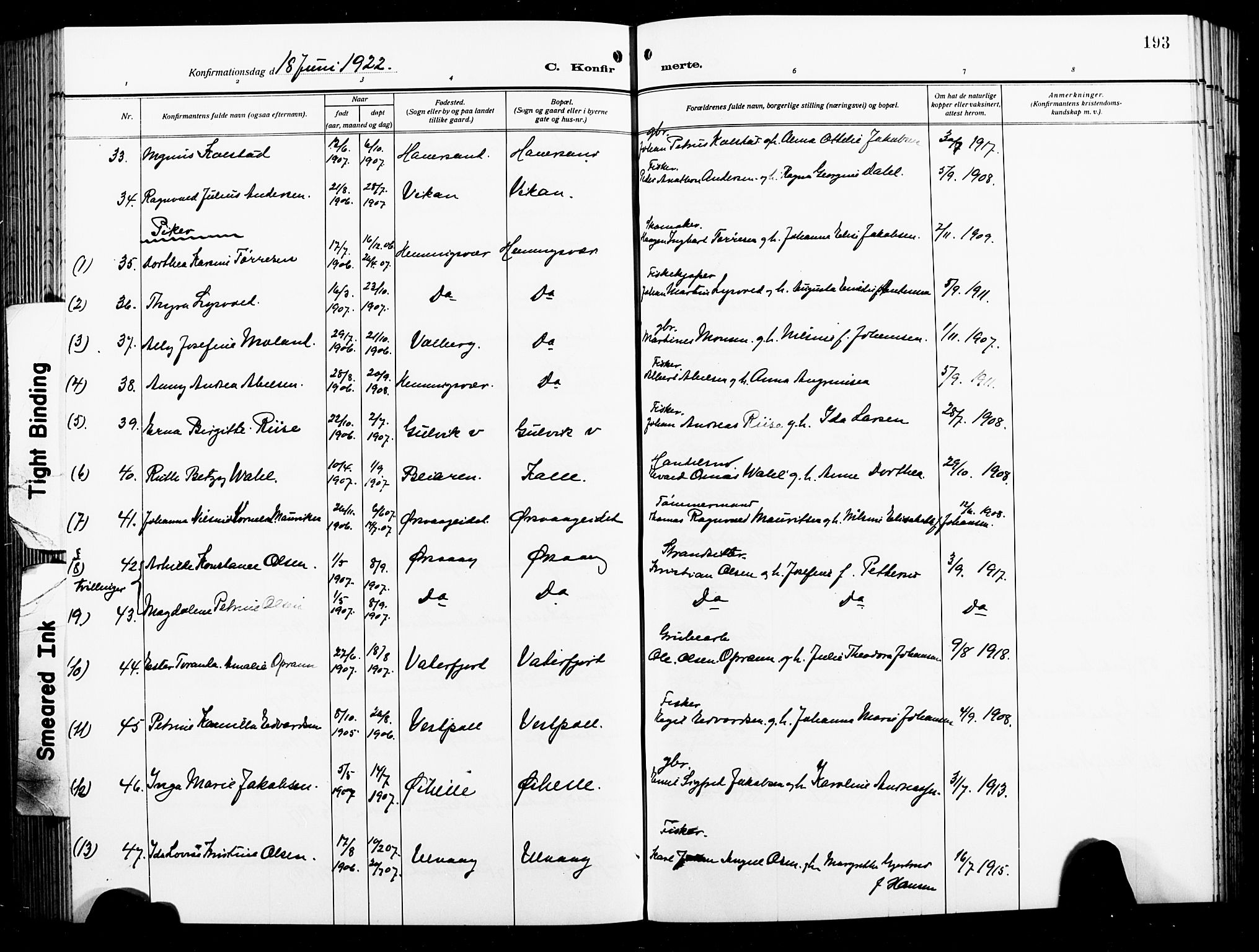 Ministerialprotokoller, klokkerbøker og fødselsregistre - Nordland, AV/SAT-A-1459/874/L1080: Klokkerbok nr. 874C09, 1915-1925, s. 193