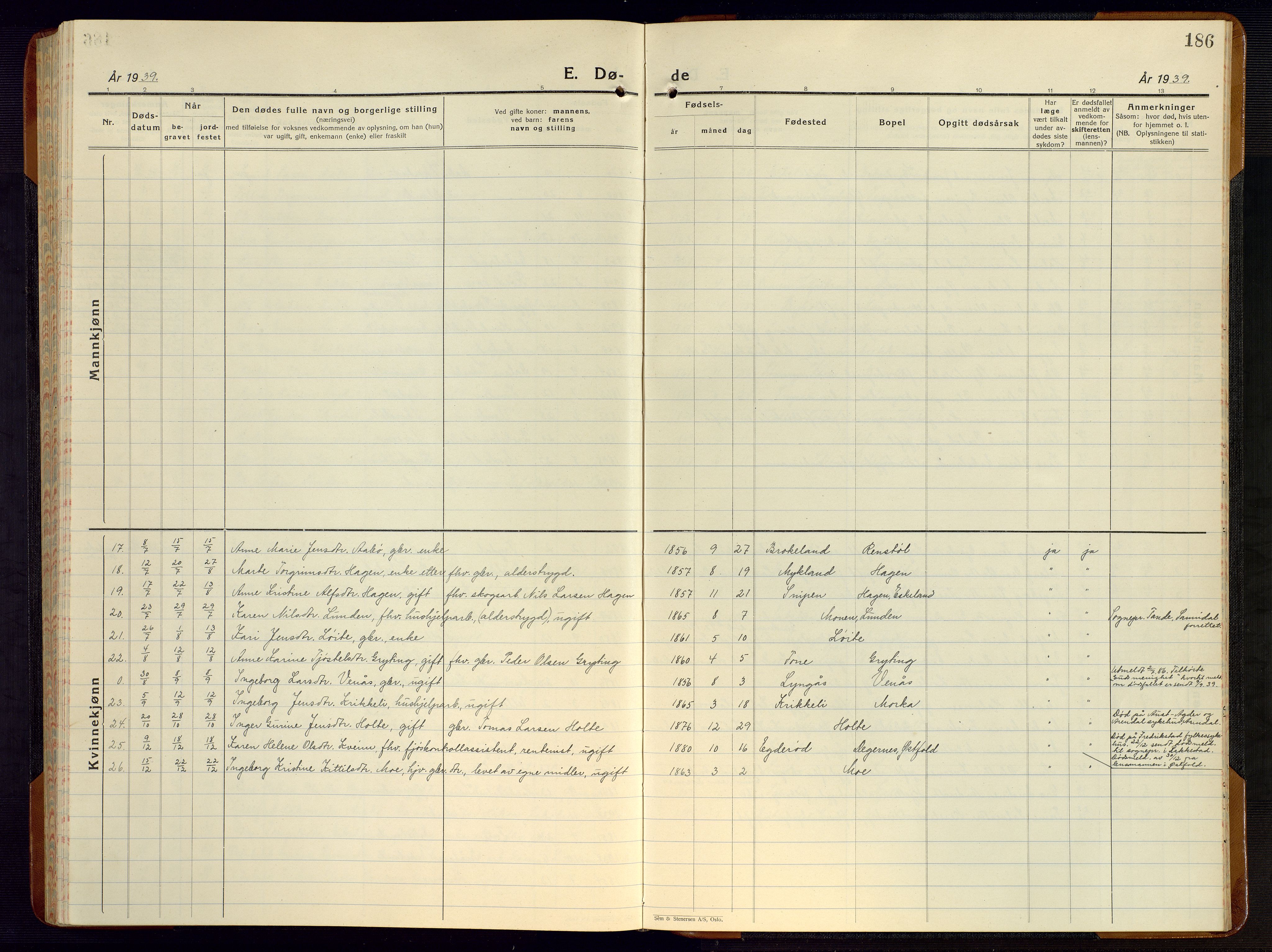 Gjerstad sokneprestkontor, AV/SAK-1111-0014/F/Fb/Fba/L0009: Klokkerbok nr. B 9, 1925-1946, s. 186