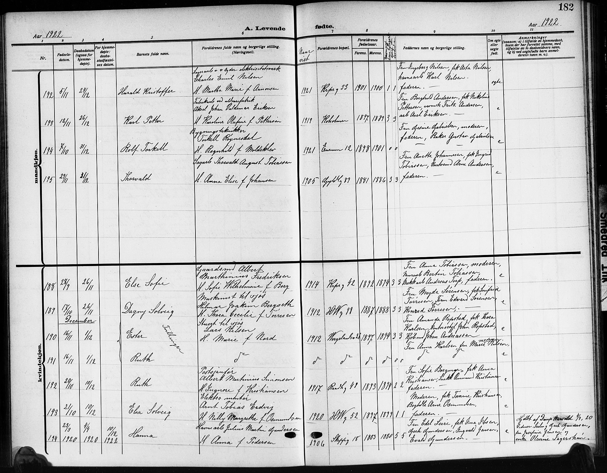 Kristiansand domprosti, AV/SAK-1112-0006/F/Fb/L0021: Klokkerbok nr. B 21, 1914-1923, s. 182