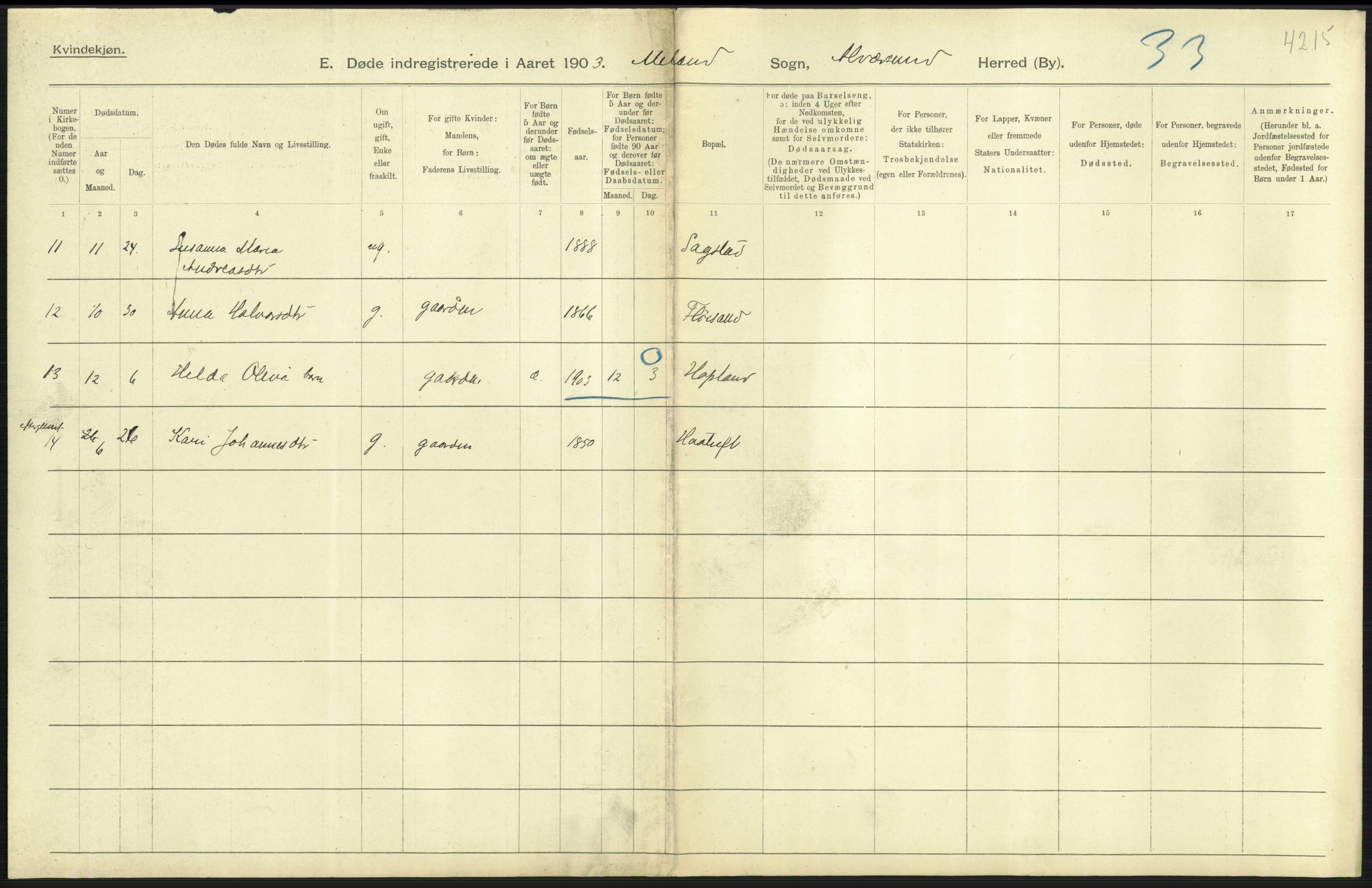 Statistisk sentralbyrå, Sosiodemografiske emner, Befolkning, RA/S-2228/D/Df/Dfa/Dfaa/L0013: Søndre Bergenhus amt: Fødte, gifte, døde, 1903, s. 677