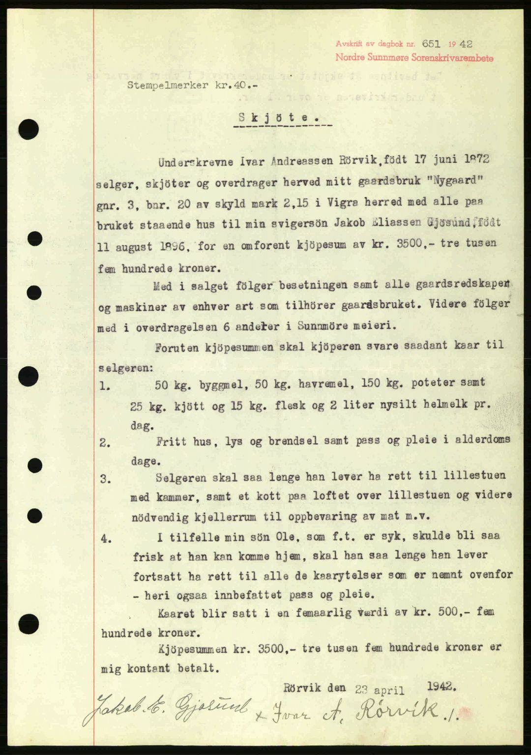 Nordre Sunnmøre sorenskriveri, SAT/A-0006/1/2/2C/2Ca: Pantebok nr. A13, 1942-1942, Dagboknr: 651/1942