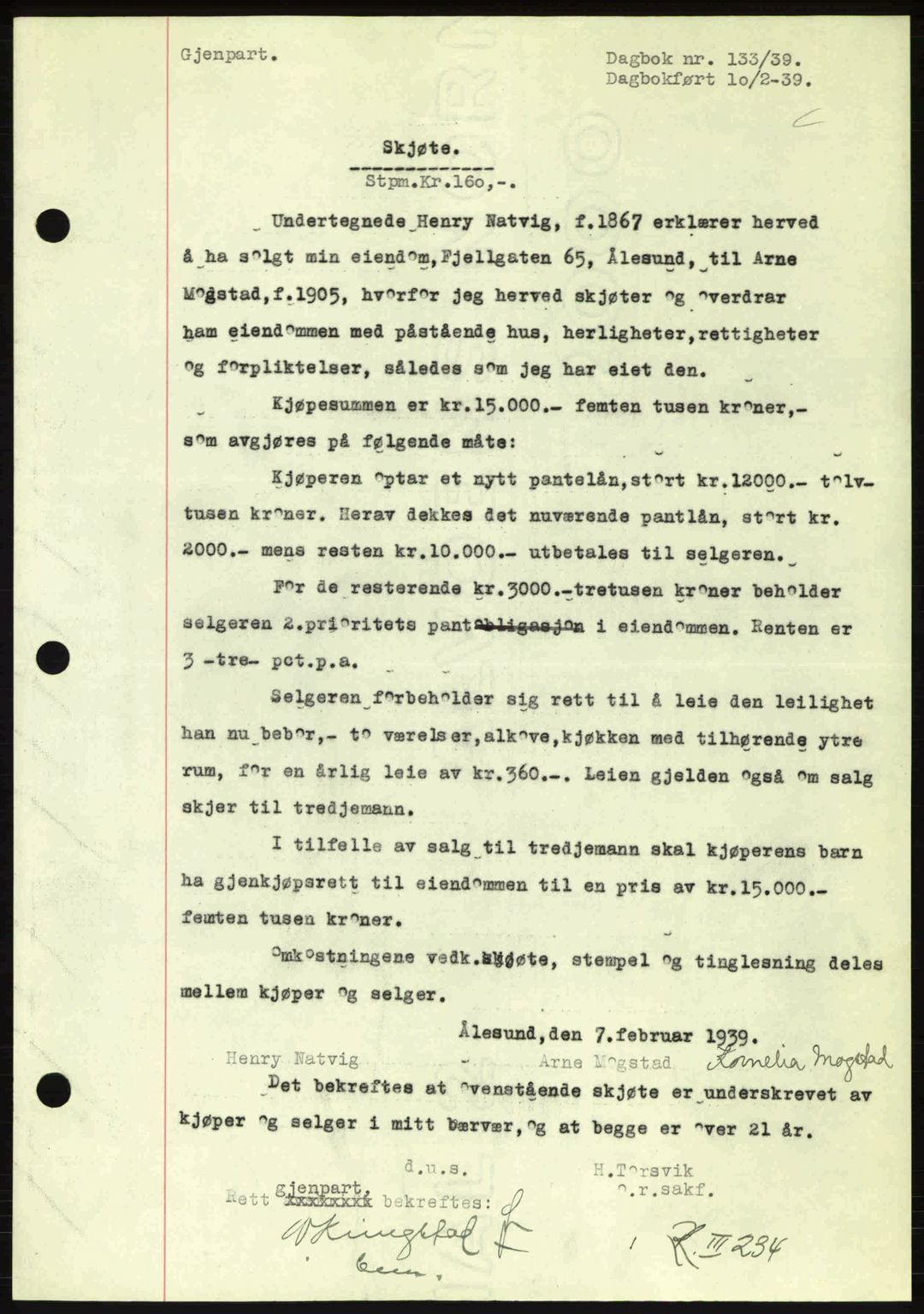 Ålesund byfogd, AV/SAT-A-4384: Pantebok nr. 34 II, 1938-1940, Dagboknr: 133/1939