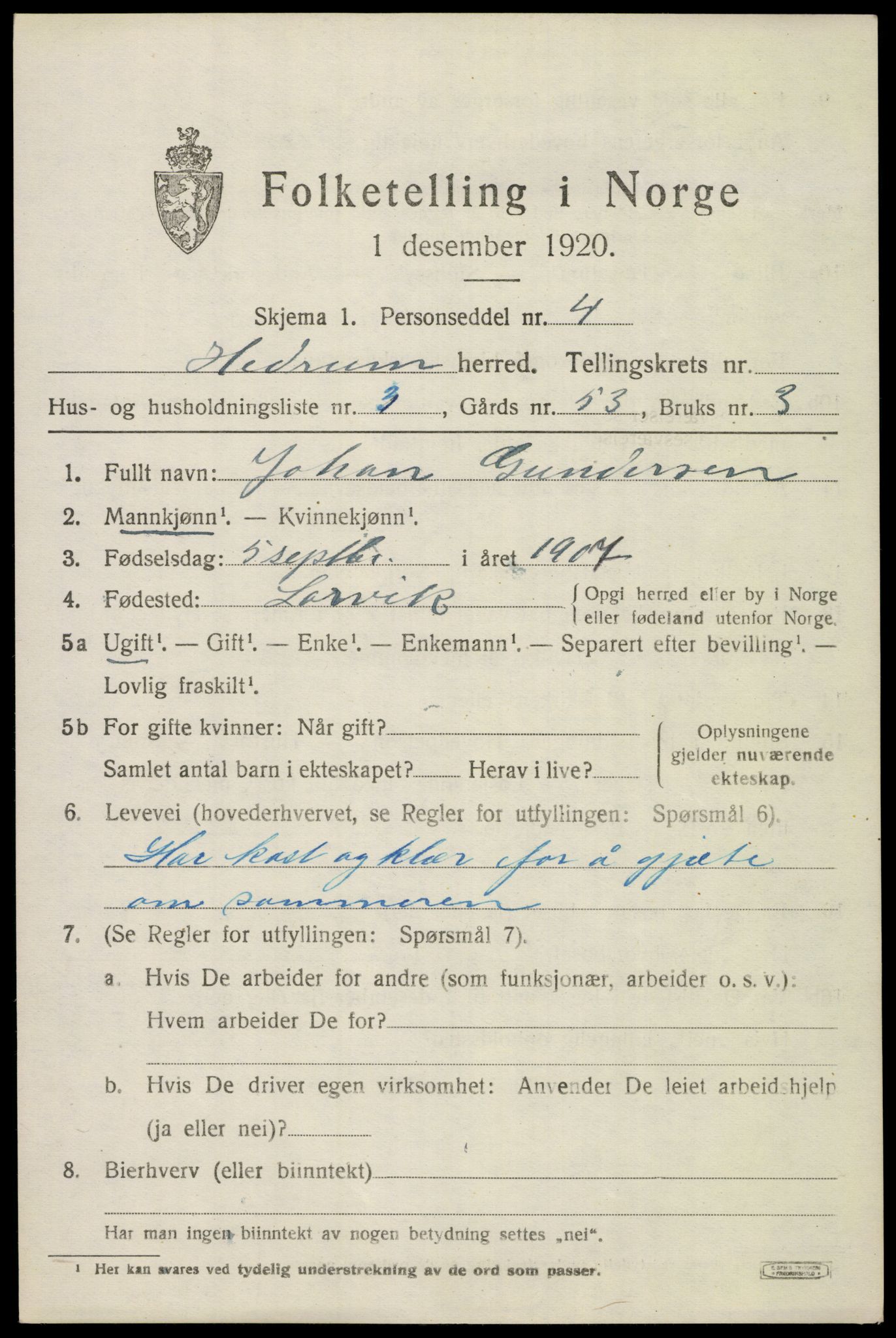 SAKO, Folketelling 1920 for 0727 Hedrum herred, 1920, s. 6831