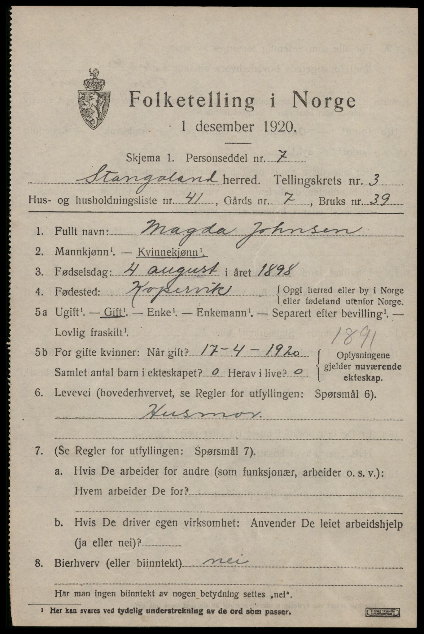 SAST, Folketelling 1920 for 1148 Stangaland herred, 1920, s. 2839