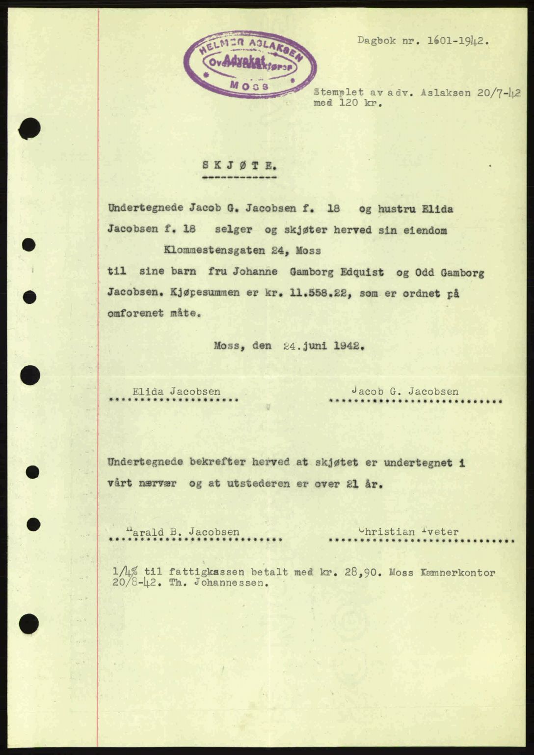 Moss sorenskriveri, SAO/A-10168: Pantebok nr. A10, 1942-1943, Dagboknr: 1601/1942