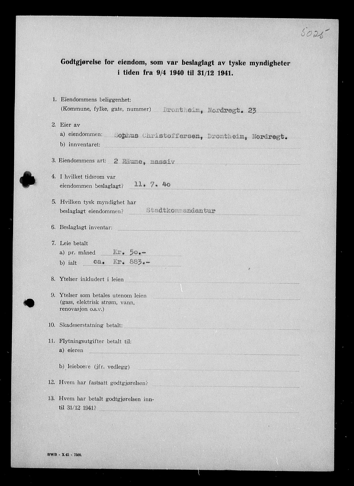 Justisdepartementet, Tilbakeføringskontoret for inndratte formuer, AV/RA-S-1564/I/L1018: Godtgjørelse for beslaglagt eiendom, 1940-1941, s. 17