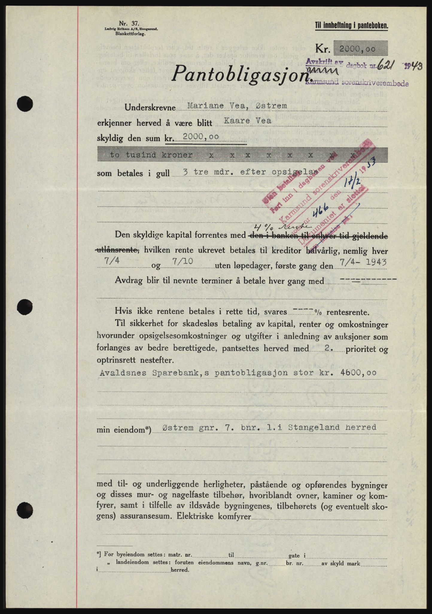 Karmsund sorenskriveri, SAST/A-100311/01/II/IIBBE/L0008: Pantebok nr. B 54, 1942-1943, Dagboknr: 621/1943