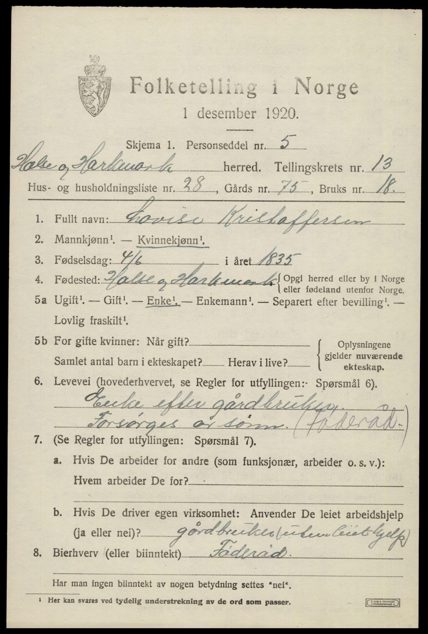 SAK, Folketelling 1920 for 1019 Halse og Harkmark herred, 1920, s. 7245
