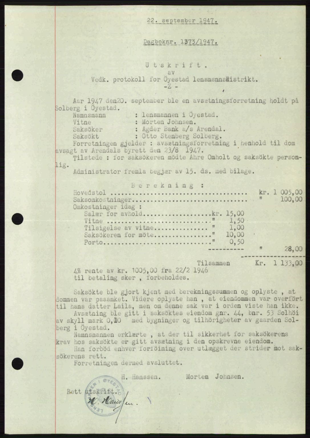 Nedenes sorenskriveri, SAK/1221-0006/G/Gb/Gba/L0058: Pantebok nr. A10, 1947-1948, Dagboknr: 1373/1947