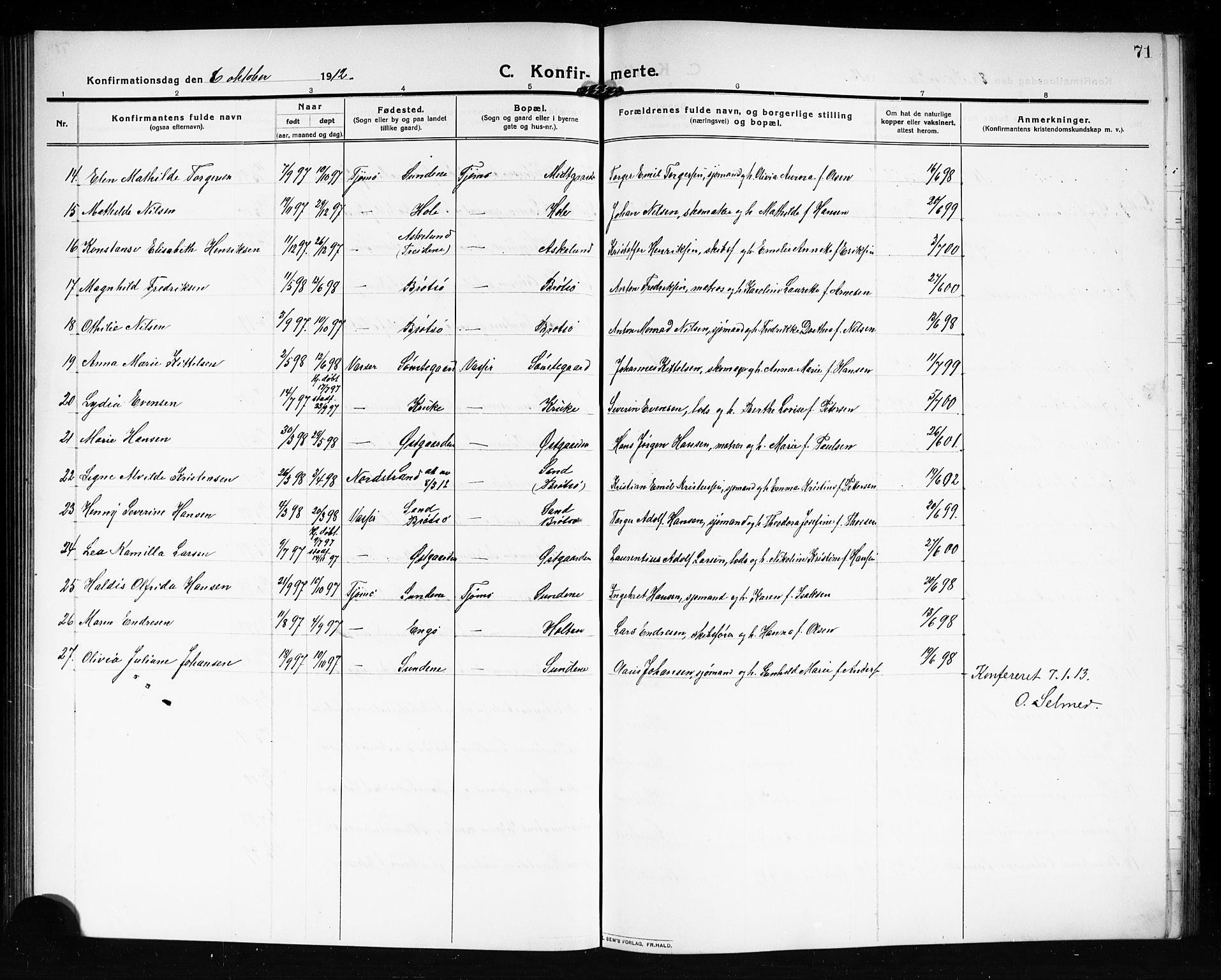 Tjøme kirkebøker, AV/SAKO-A-328/G/Ga/L0002: Klokkerbok nr. I 2, 1911-1920, s. 71