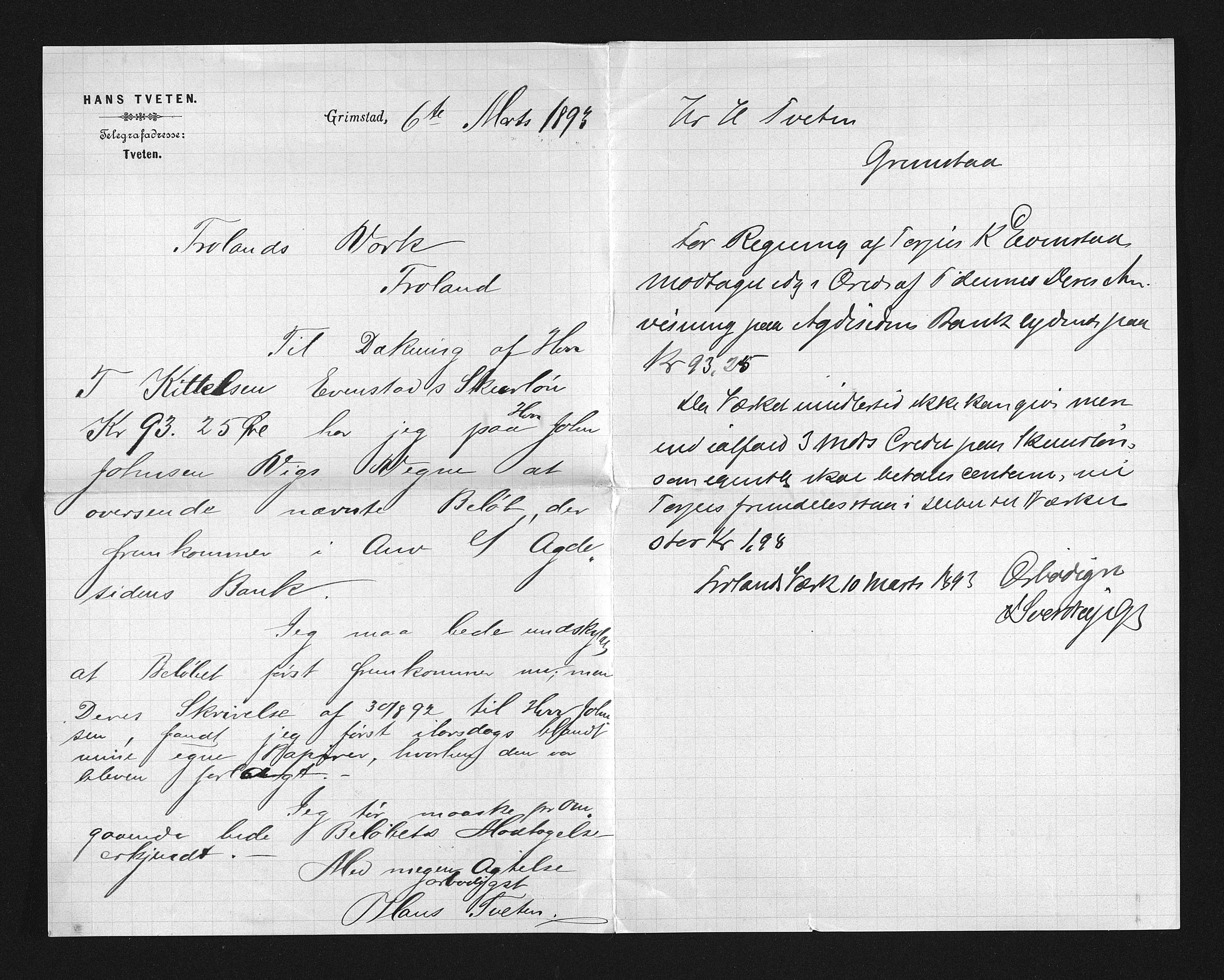 Froland Verk, AAKS/DA-1023/1/02/L0011: Innkomne brev, 1893-1902