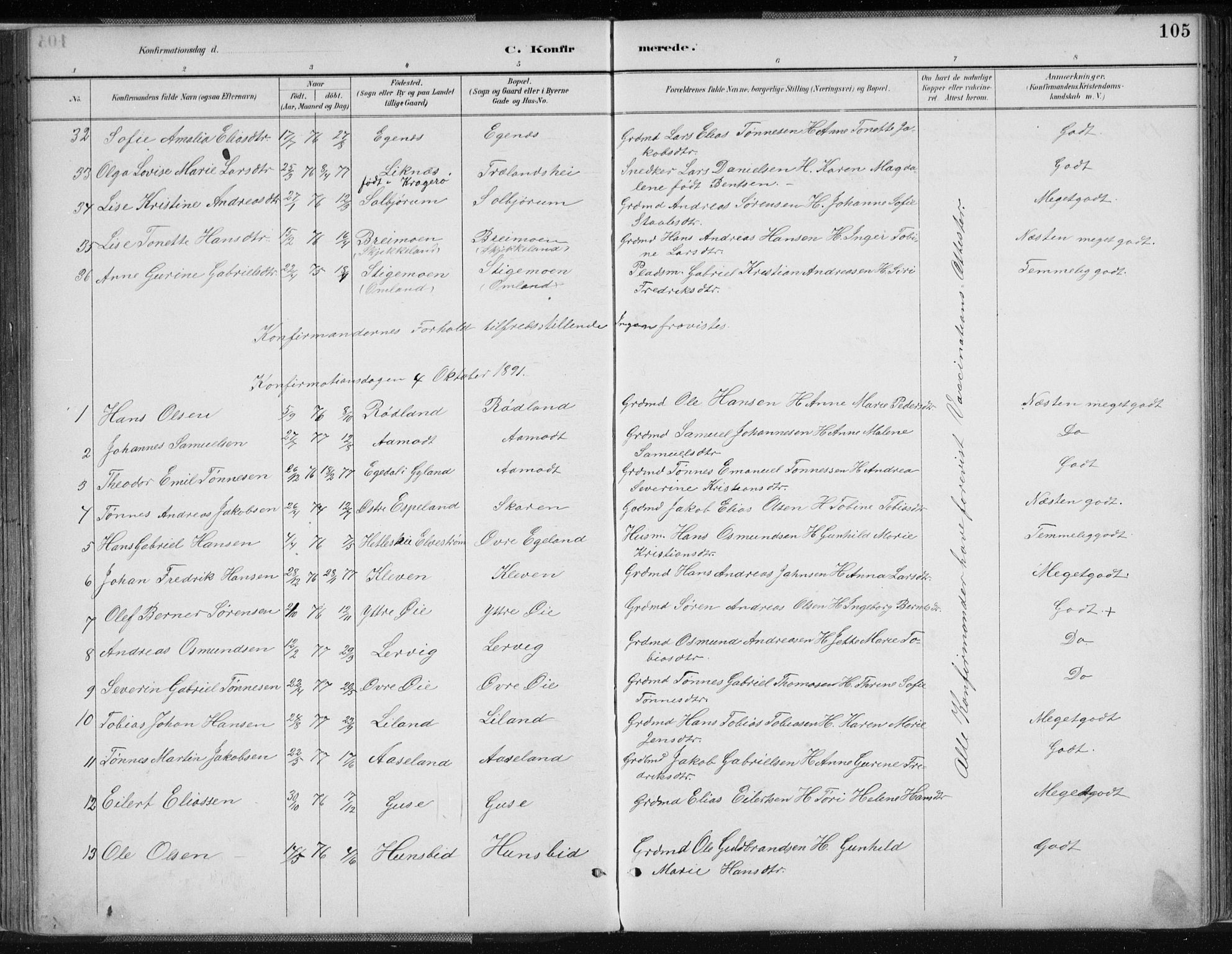 Kvinesdal sokneprestkontor, SAK/1111-0026/F/Fa/Fab/L0008: Ministerialbok nr. A 8, 1886-1897, s. 105