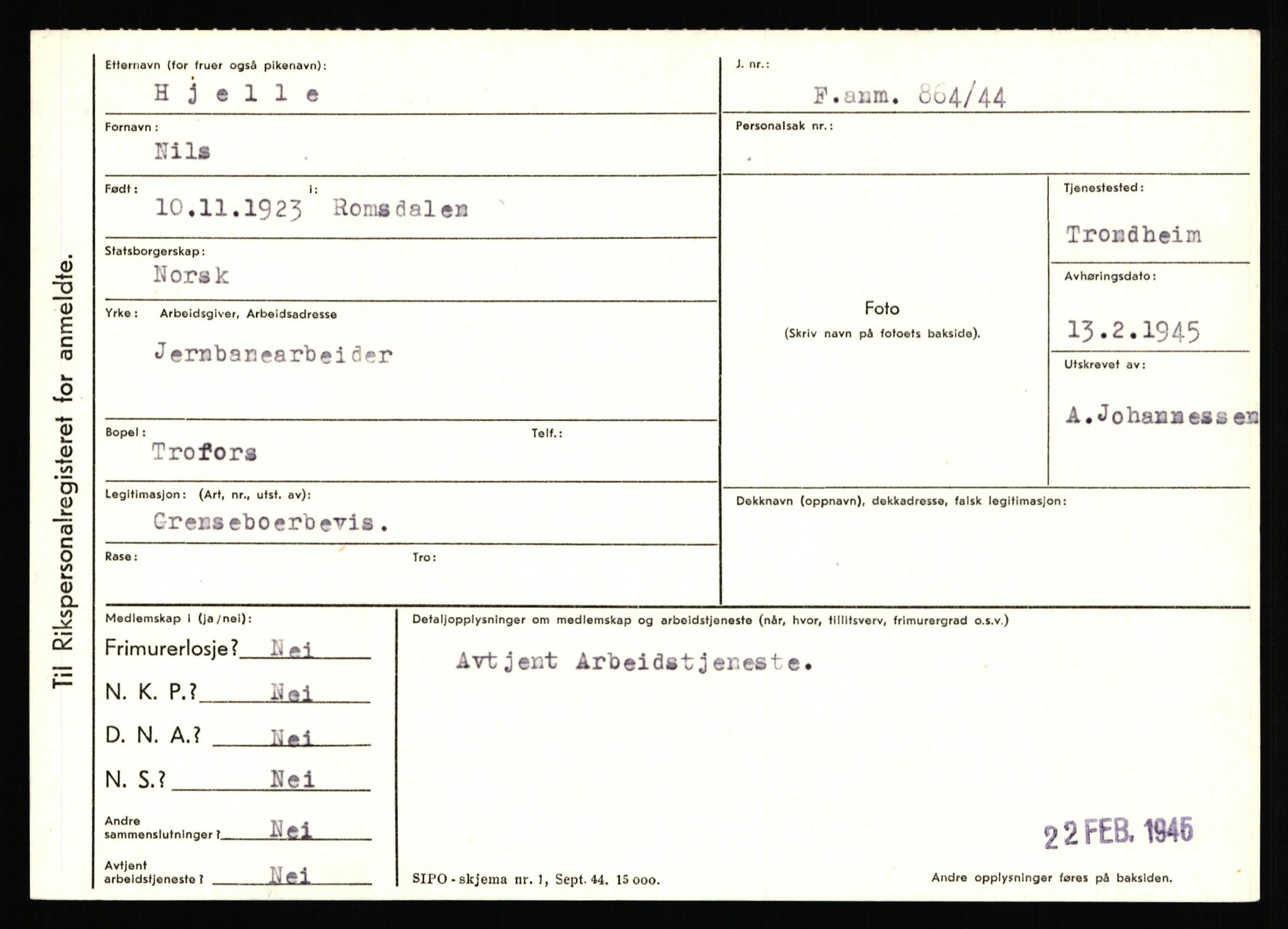 Statspolitiet - Hovedkontoret / Osloavdelingen, AV/RA-S-1329/C/Ca/L0006: Hanche - Hokstvedt, 1943-1945, s. 4389