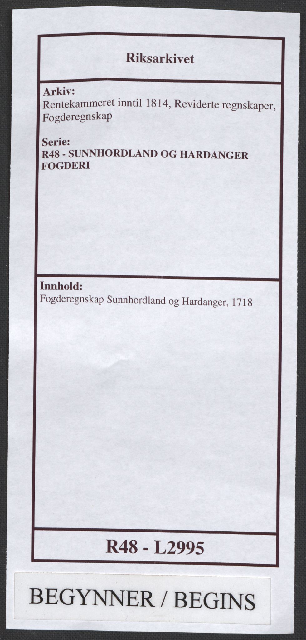 Rentekammeret inntil 1814, Reviderte regnskaper, Fogderegnskap, AV/RA-EA-4092/R48/L2995: Fogderegnskap Sunnhordland og Hardanger, 1718, s. 1