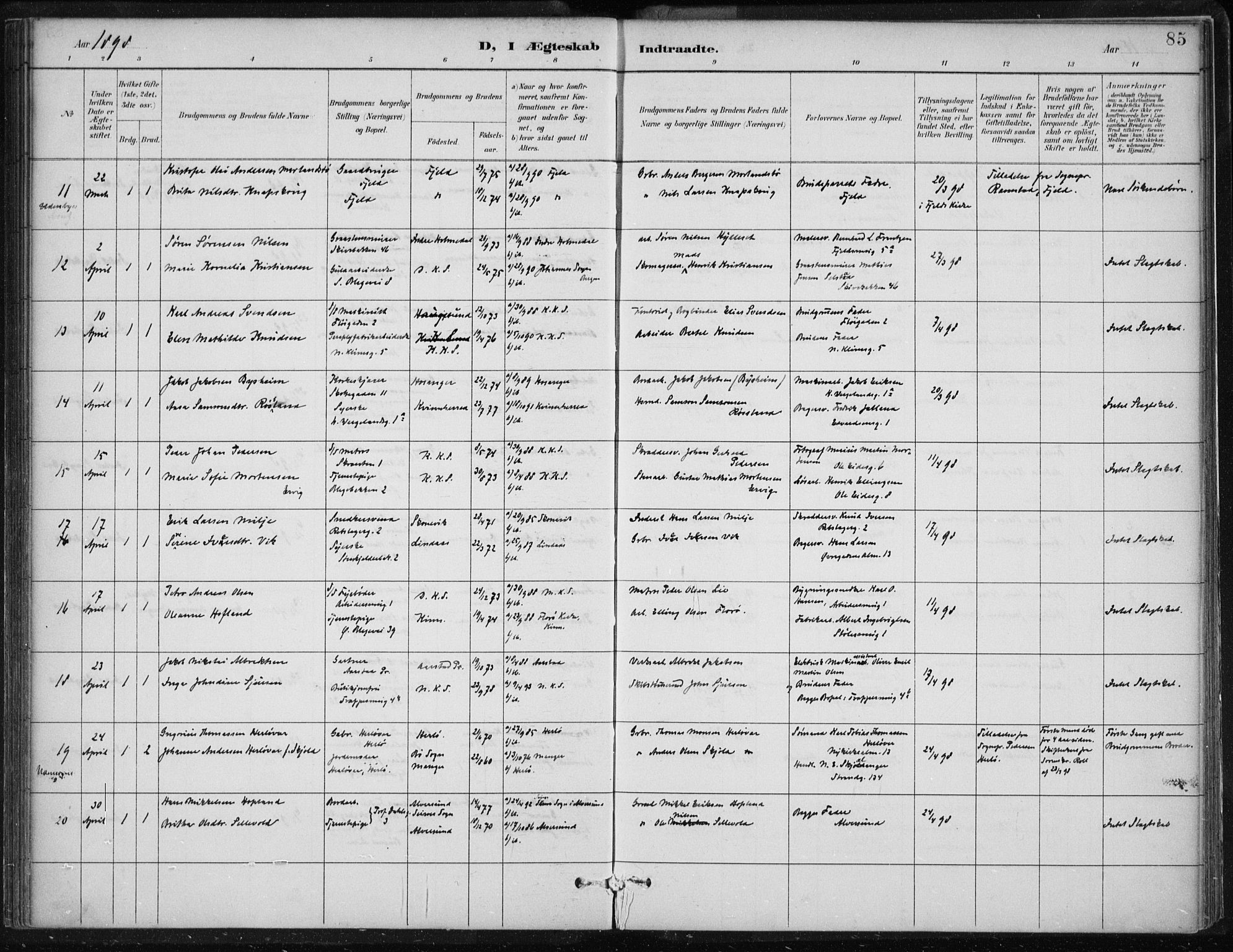 Korskirken sokneprestembete, SAB/A-76101/H/Hab: Klokkerbok nr. D 3, 1887-1906, s. 85