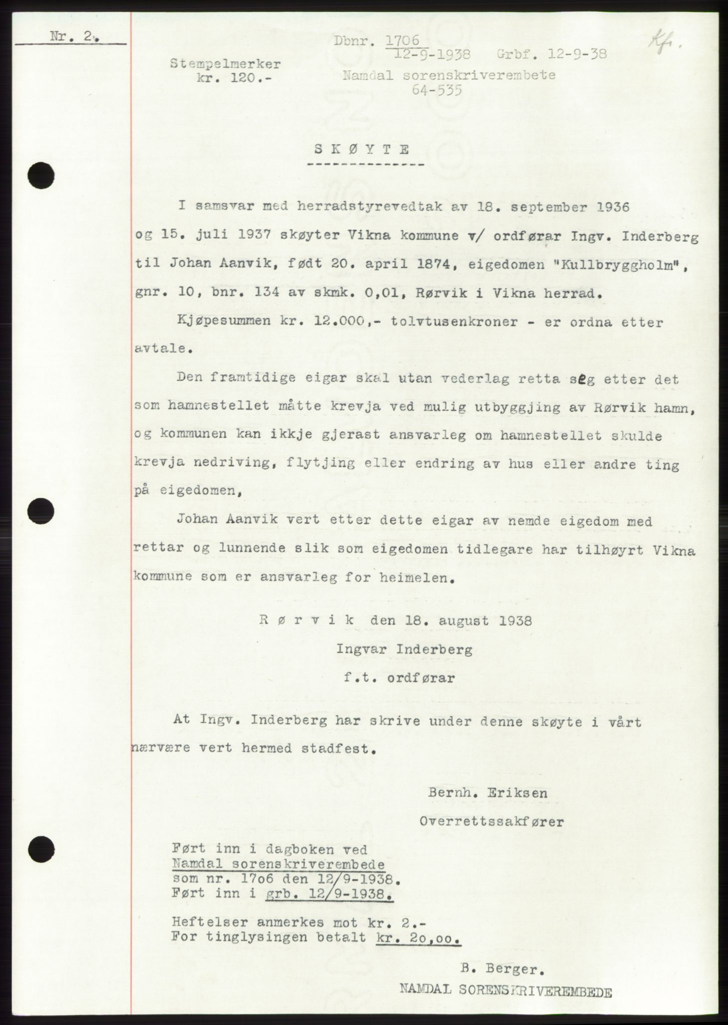 Namdal sorenskriveri, SAT/A-4133/1/2/2C: Pantebok nr. -, 1937-1939, Tingl.dato: 12.09.1938