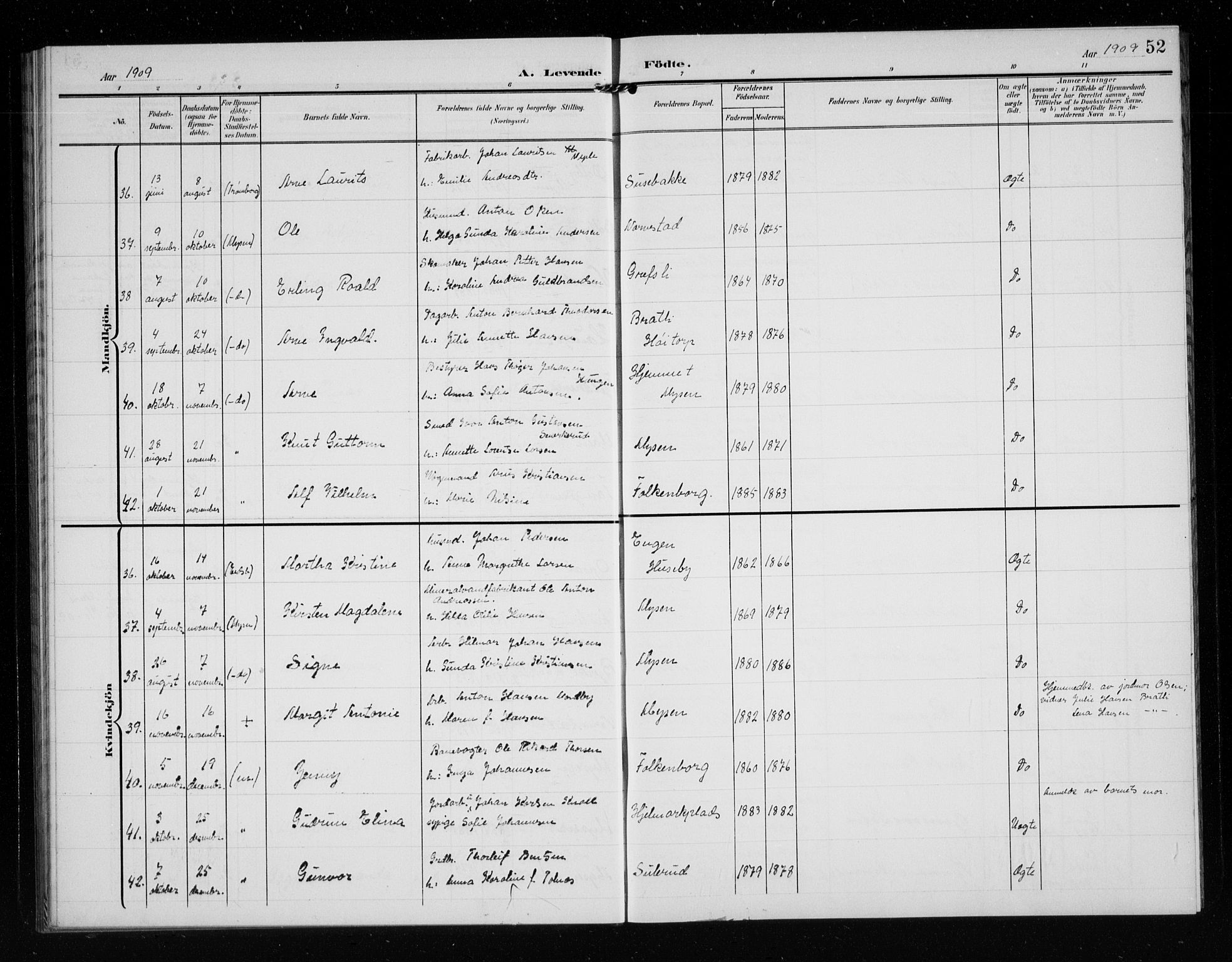 Eidsberg prestekontor Kirkebøker, AV/SAO-A-10905/G/Ga/L0002: Klokkerbok nr. I 2, 1903-1913, s. 52