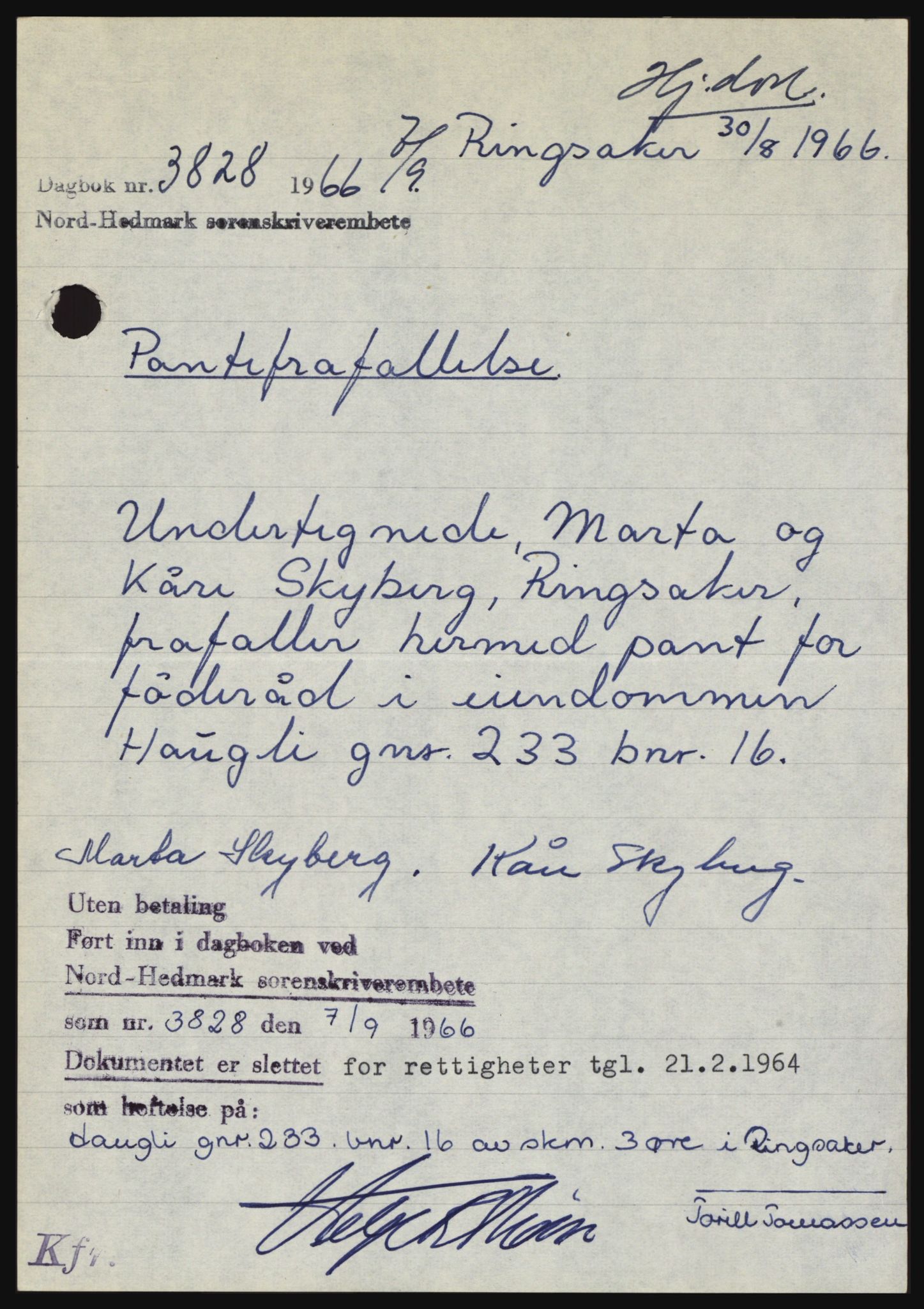 Nord-Hedmark sorenskriveri, SAH/TING-012/H/Hc/L0024: Pantebok nr. 24, 1966-1966, Dagboknr: 3828/1966