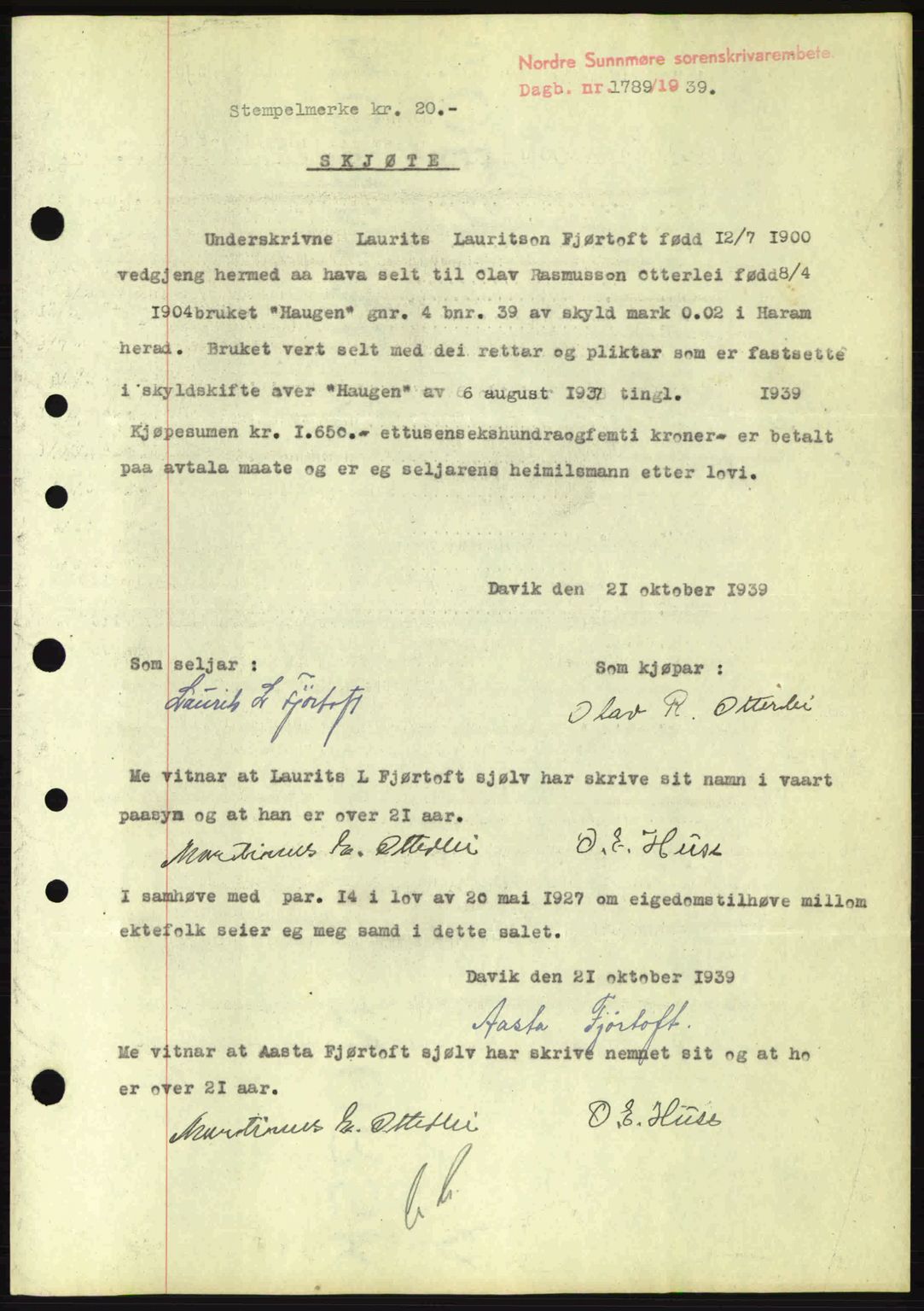 Nordre Sunnmøre sorenskriveri, SAT/A-0006/1/2/2C/2Ca: Pantebok nr. A7, 1939-1939, Dagboknr: 1789/1939