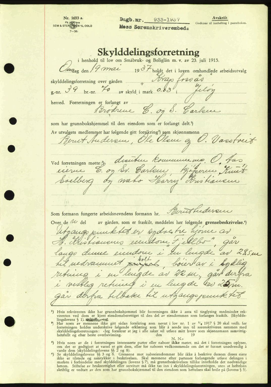 Moss sorenskriveri, SAO/A-10168: Pantebok nr. A3, 1937-1938, Dagboknr: 933/1937
