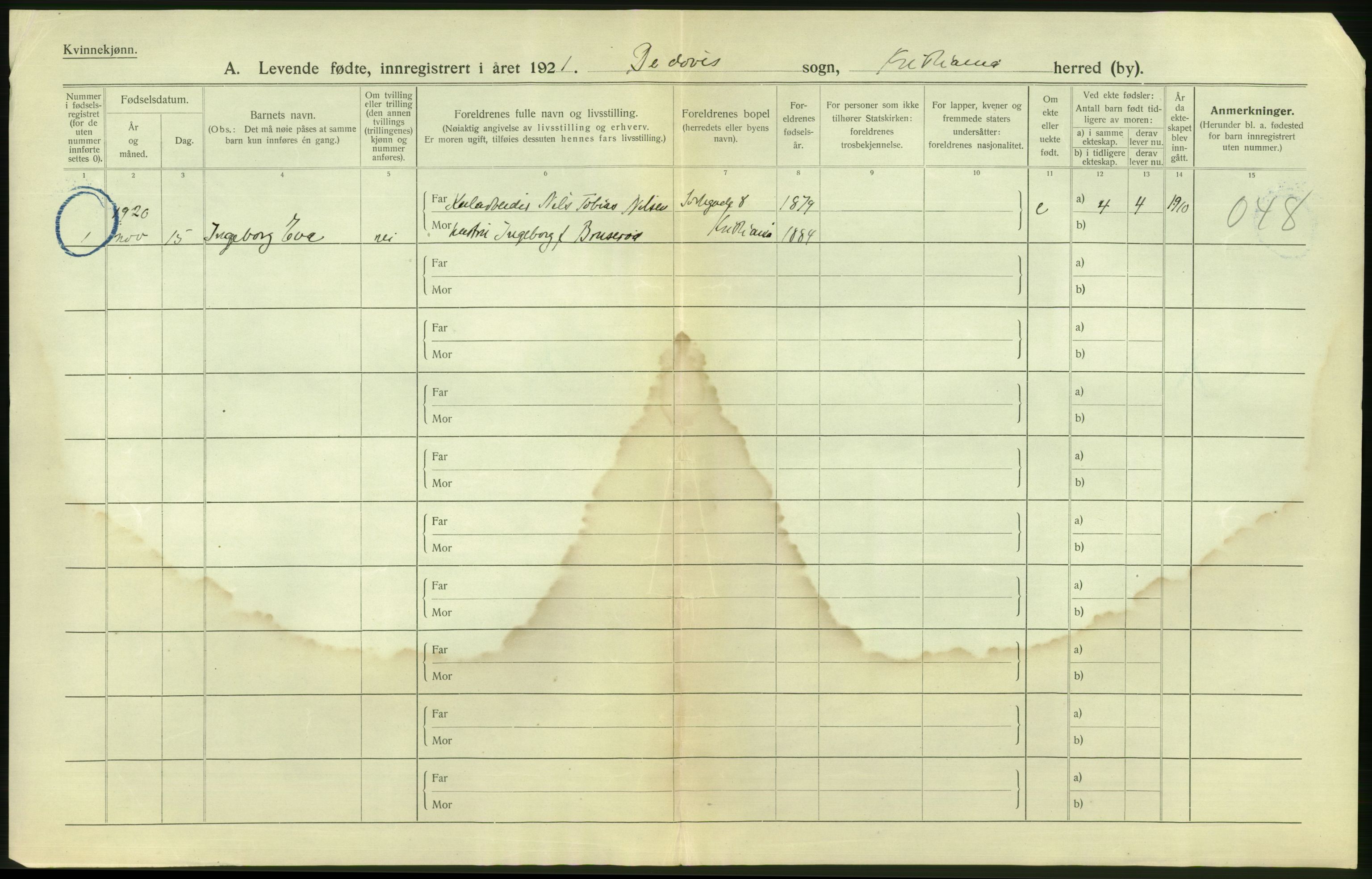 Statistisk sentralbyrå, Sosiodemografiske emner, Befolkning, AV/RA-S-2228/D/Df/Dfc/Dfca/L0010: Kristiania: Levendefødte menn og kvinner., 1921, s. 512