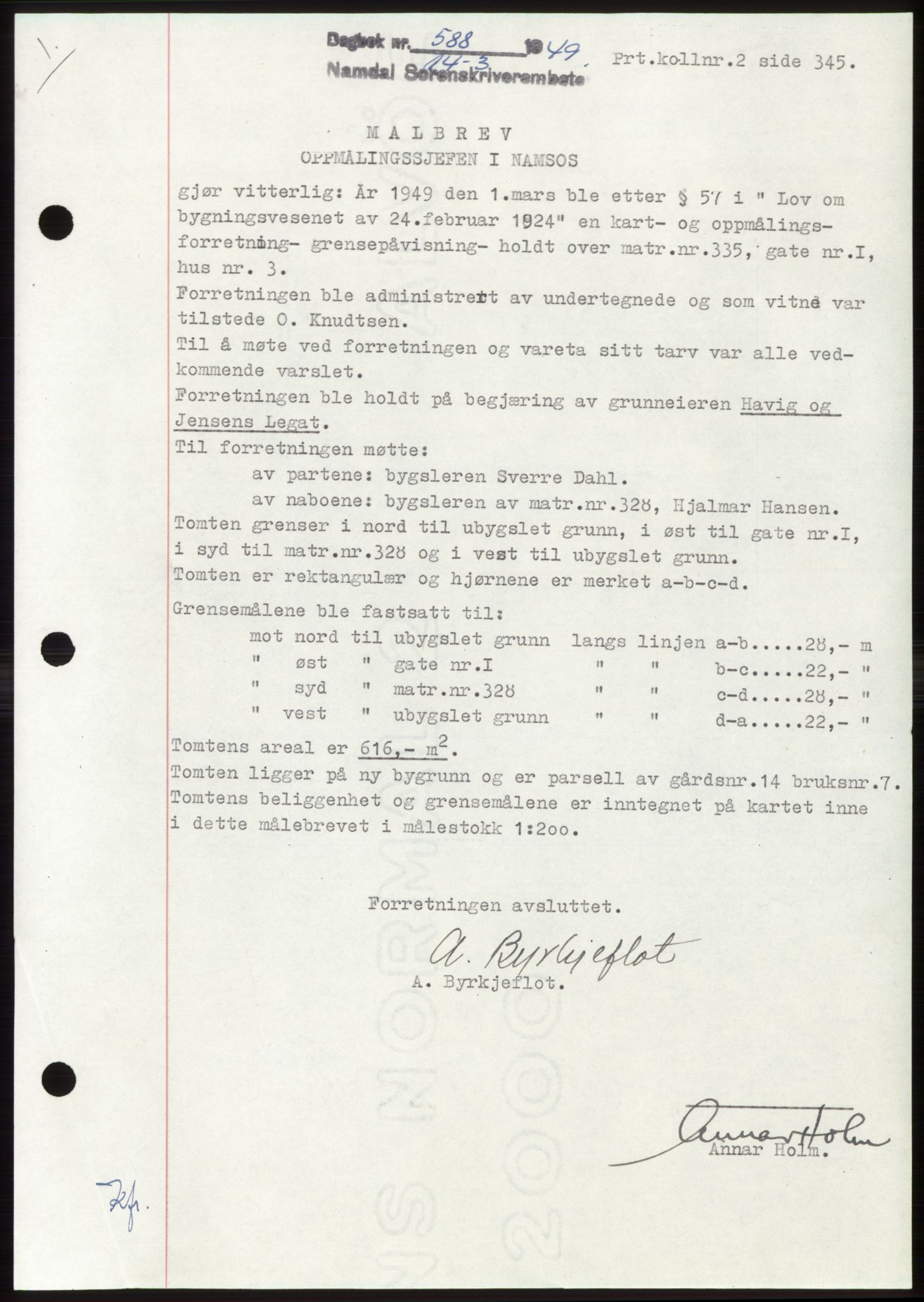 Namdal sorenskriveri, SAT/A-4133/1/2/2C: Pantebok nr. -, 1949-1949, Dagboknr: 588/1949