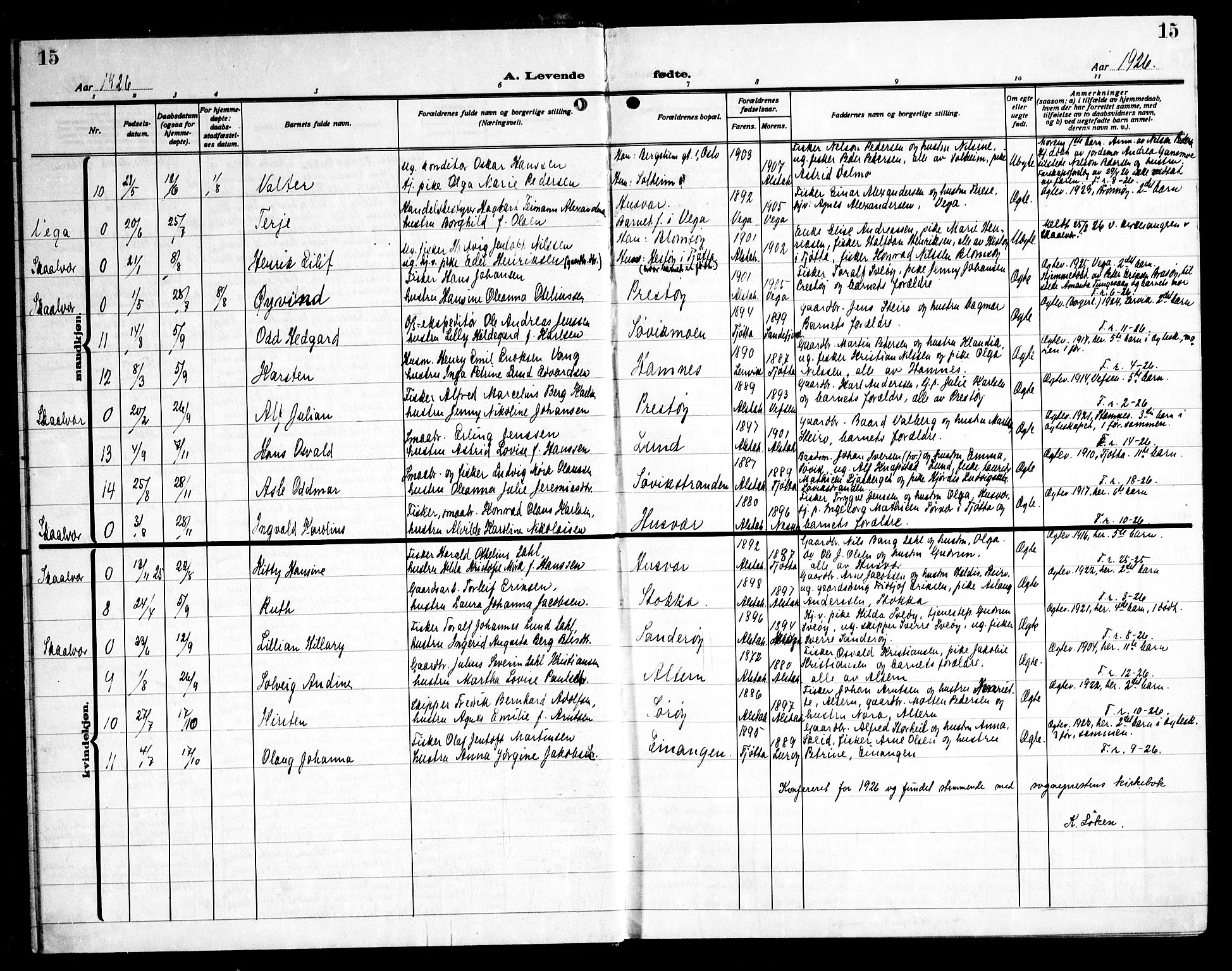 Ministerialprotokoller, klokkerbøker og fødselsregistre - Nordland, AV/SAT-A-1459/830/L0466: Klokkerbok nr. 830C08, 1920-1945, s. 15