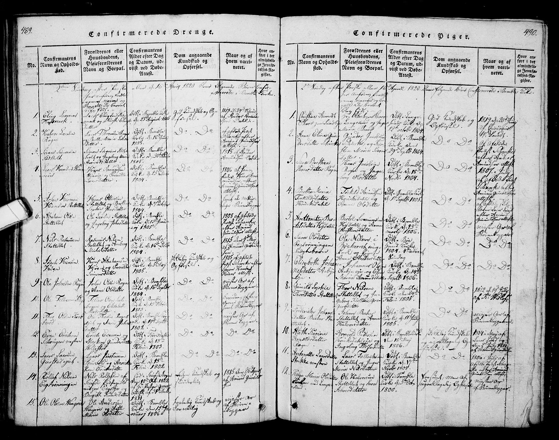 Bamble kirkebøker, AV/SAKO-A-253/G/Ga/L0005: Klokkerbok nr. I 5, 1814-1855, s. 489-490