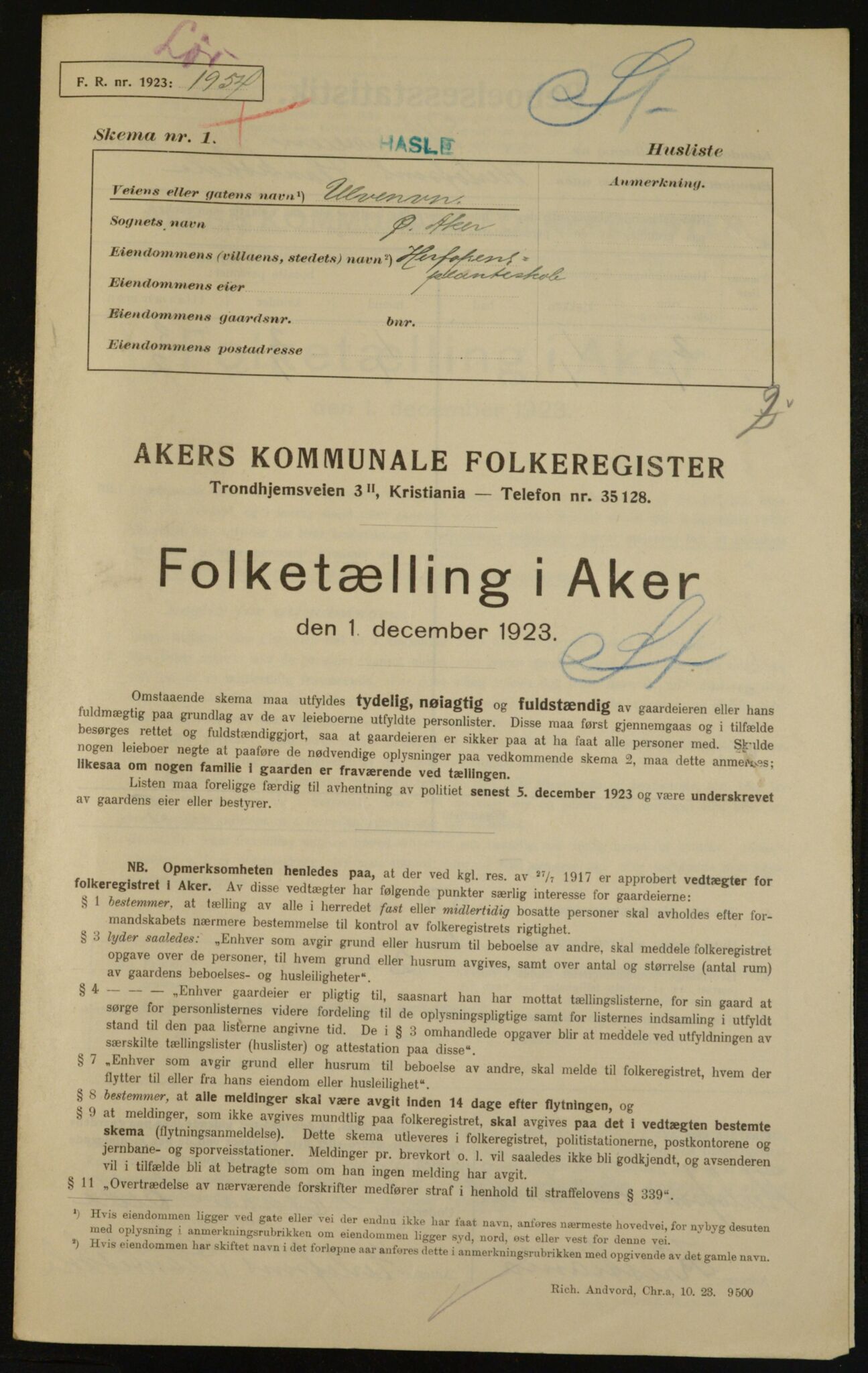 , Kommunal folketelling 1.12.1923 for Aker, 1923, s. 34901