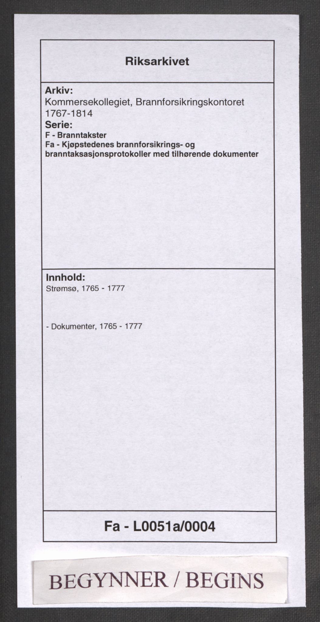 Kommersekollegiet, Brannforsikringskontoret 1767-1814, RA/EA-5458/F/Fa/L0051a/0004: Strømsø / Dokumenter, 1765-1777