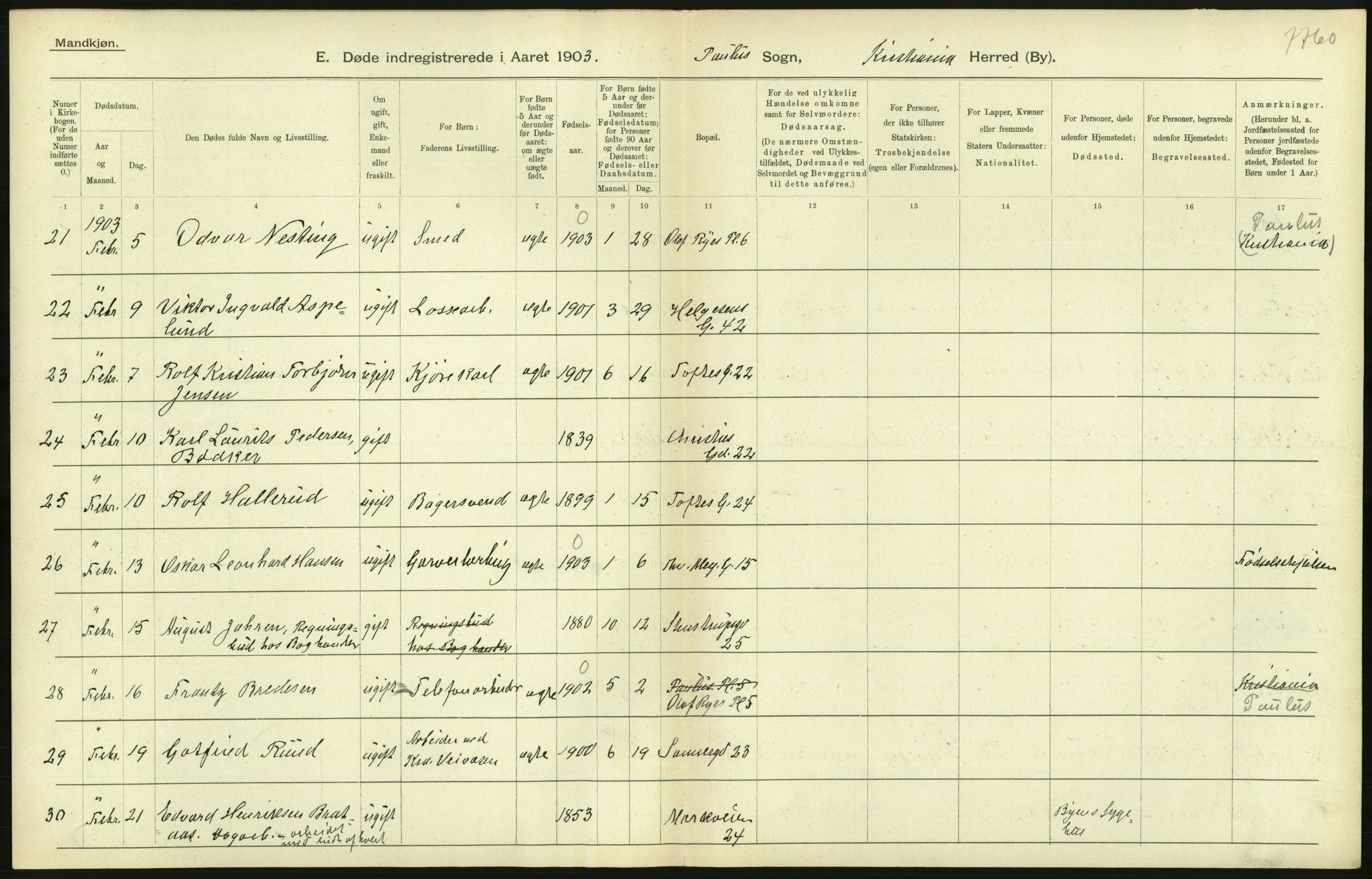 Statistisk sentralbyrå, Sosiodemografiske emner, Befolkning, AV/RA-S-2228/D/Df/Dfa/Dfaa/L0004: Kristiania: Gifte, døde, 1903, s. 304