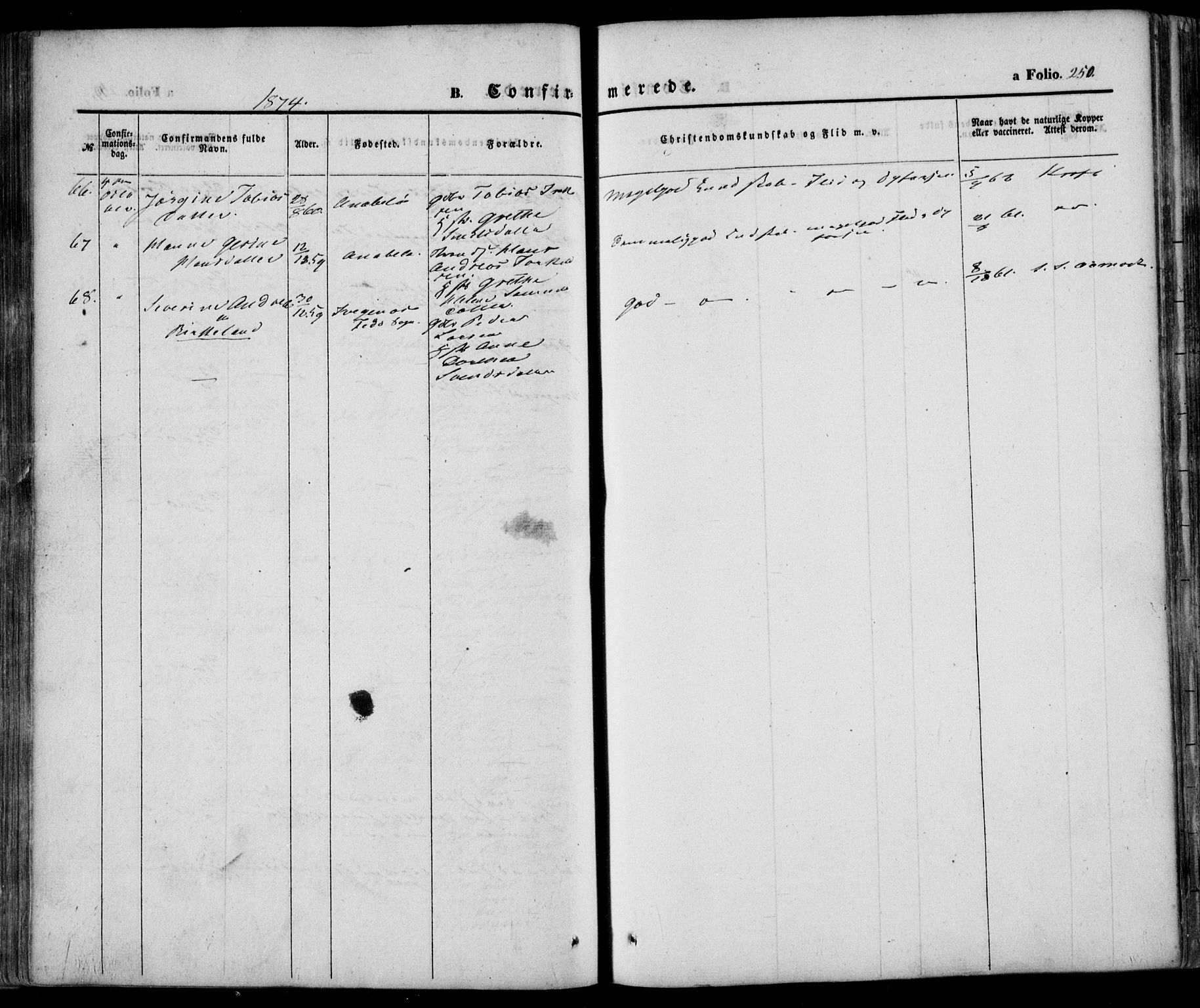 Flekkefjord sokneprestkontor, AV/SAK-1111-0012/F/Fa/Fac/L0005: Ministerialbok nr. A 5, 1849-1875, s. 250