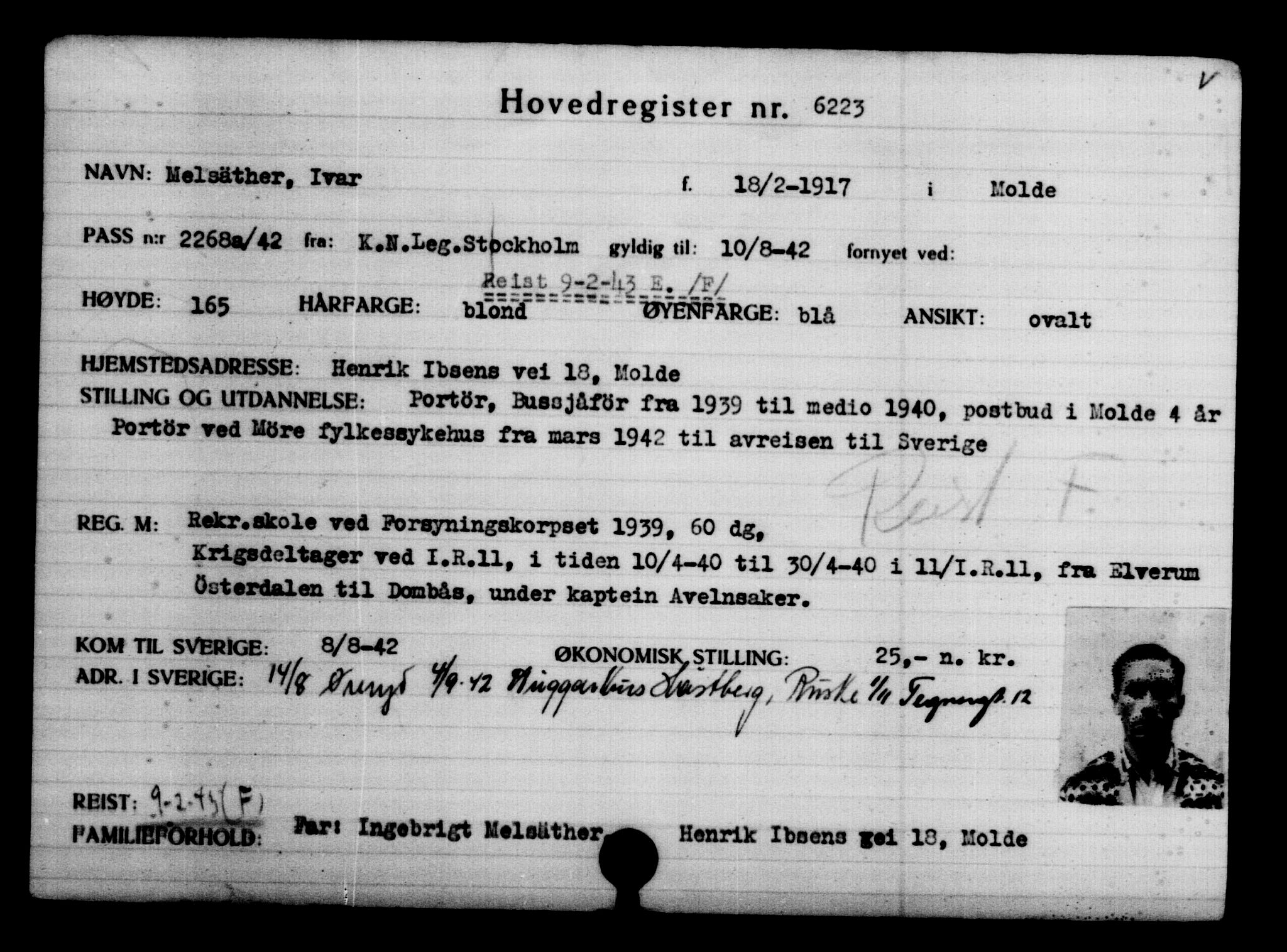 Utenriksstasjonene, Legasjonen i Stockholm, Flyktningkontoret, AV/RA-S-6753/V/Va/L0004: Kjesäterkartoteket, flyktninger med registreringsnr. 3496-6610, 1940-1945, s. 3210