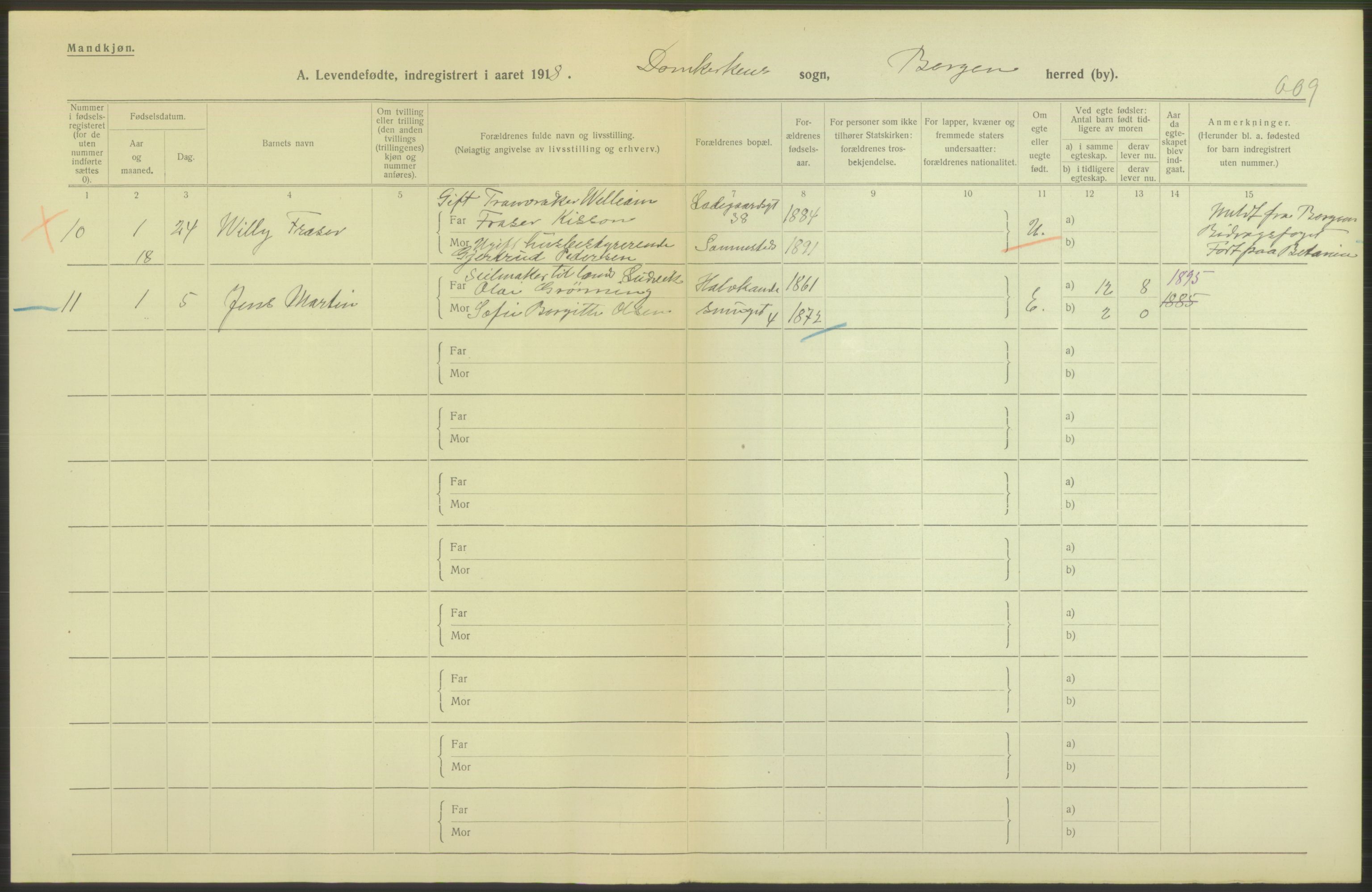 Statistisk sentralbyrå, Sosiodemografiske emner, Befolkning, RA/S-2228/D/Df/Dfb/Dfbh/L0037: Bergen: Levendefødte menn og kvinner., 1918, s. 556