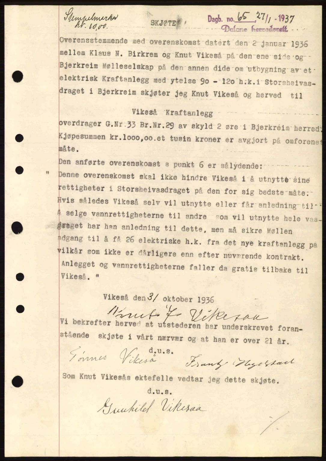 Dalane sorenskriveri, SAST/A-100309/02/G/Gb/L0041: Pantebok nr. A2, 1936-1937, Dagboknr: 65/1937