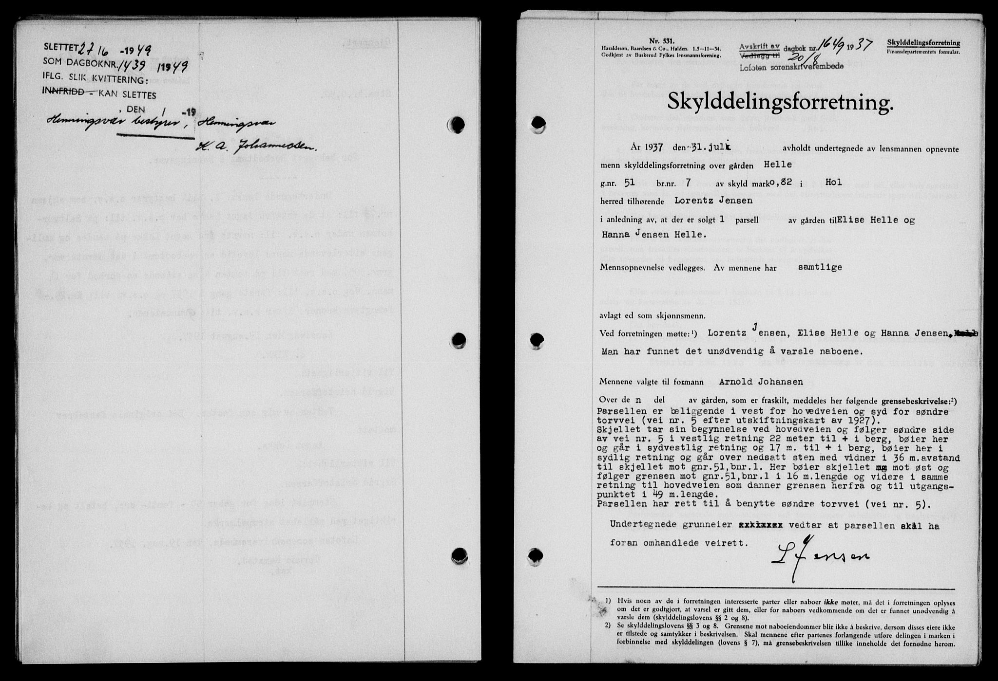 Lofoten sorenskriveri, SAT/A-0017/1/2/2C/L0002a: Pantebok nr. 2a, 1937-1937, Dagboknr: 1649/1937