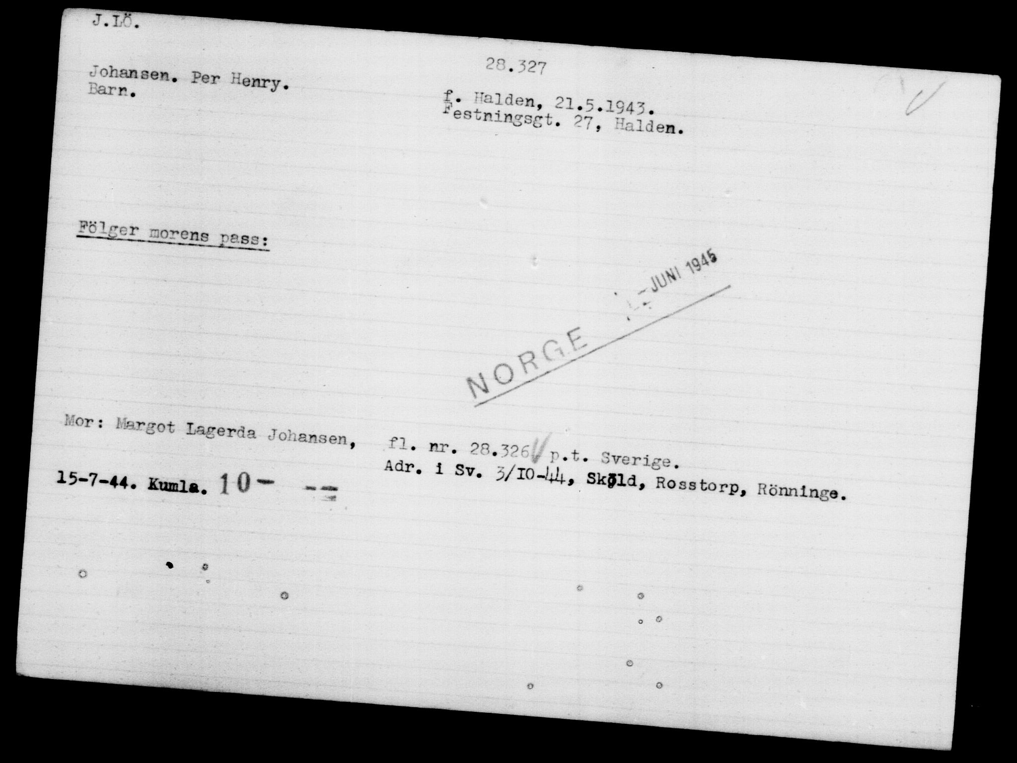 Den Kgl. Norske Legasjons Flyktningskontor, RA/S-6753/V/Va/L0012: Kjesäterkartoteket.  Flyktningenr. 28300-31566, 1940-1945, s. 32