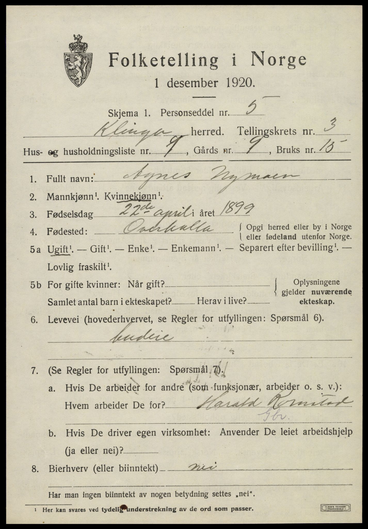 SAT, Folketelling 1920 for 1746 Klinga herred, 1920, s. 2077