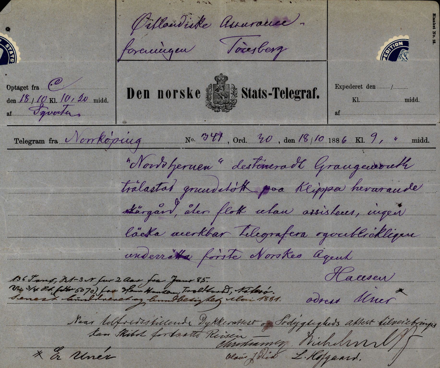 Pa 63 - Østlandske skibsassuranceforening, VEMU/A-1079/G/Ga/L0019/0005: Havaridokumenter / Fridleik, Nordstjernen, Ocean, Olaf Roll, Olaf Kyrre, 1886, s. 11